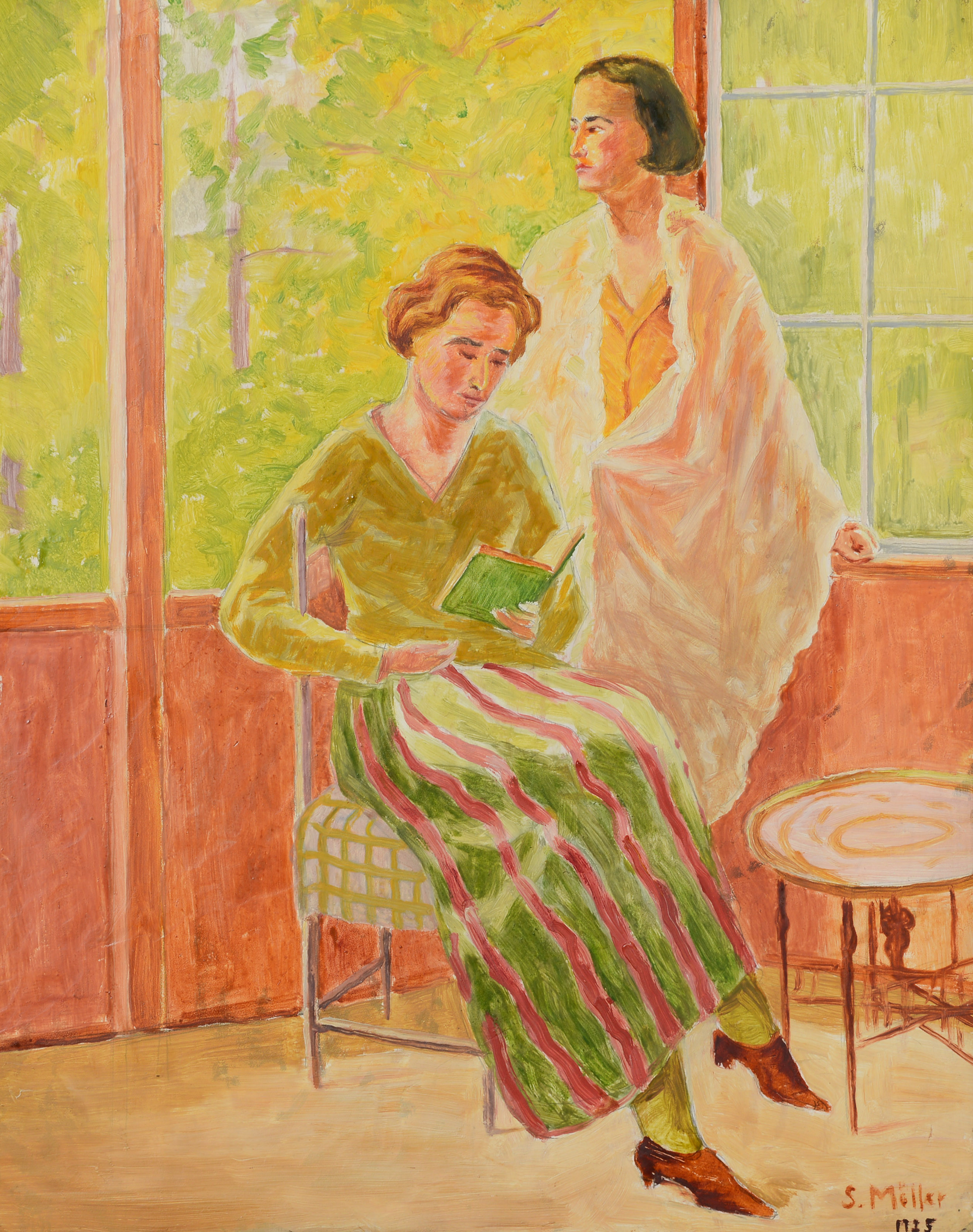 SIGURD MÖLLER. Kvinnor på glasveranda, olja på pannå, signerad samt daterad 1925.