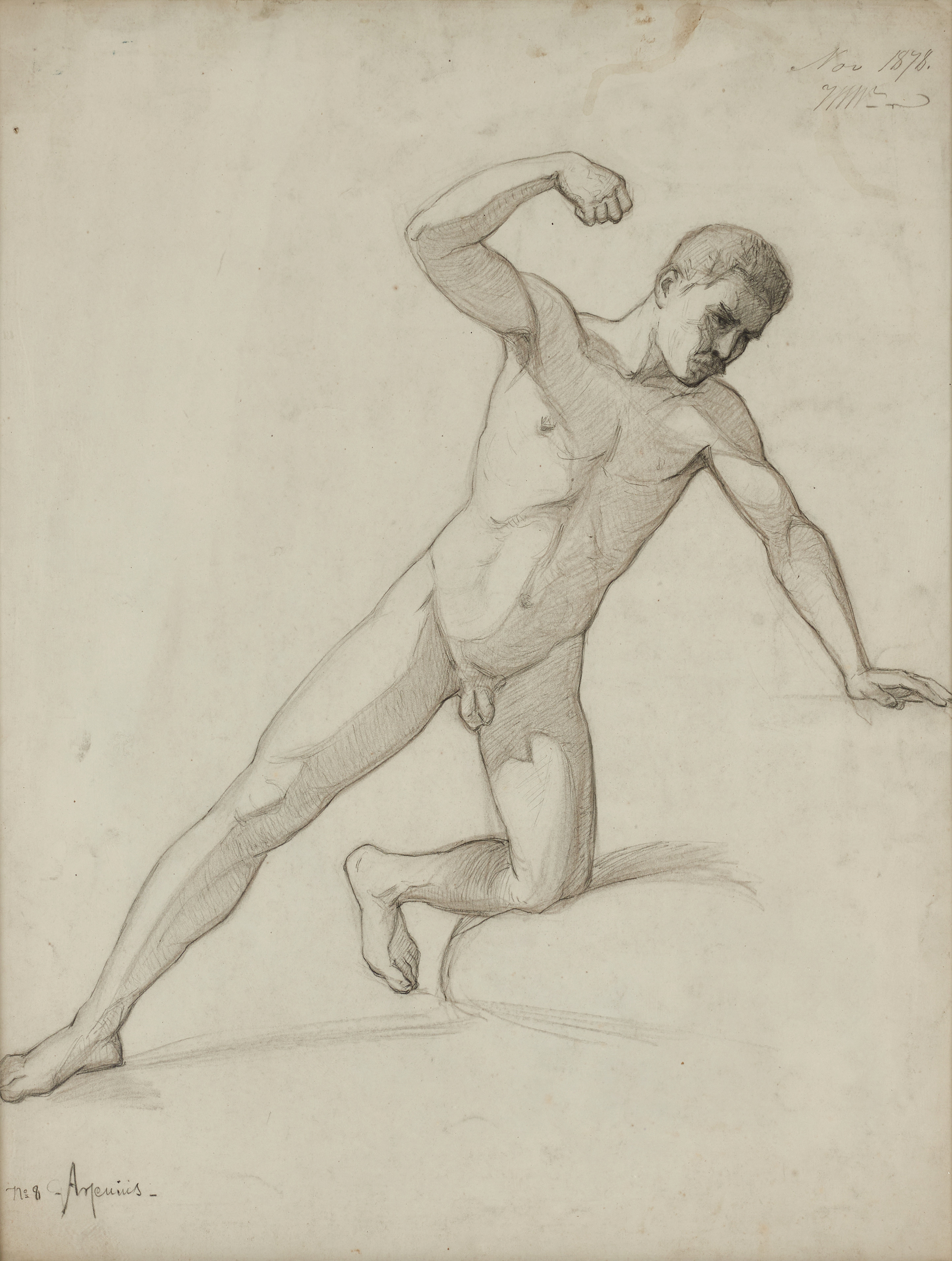 GEORG ARSENIUS (1855-1908). Akademistudie - atletisk man, 1878, signerad n:8 G. Arsenius och kontrasignerad Nov 1878 av professorn i teckning vid Konstakademien Wilhelm Wallander, blyertsteckning på papper.