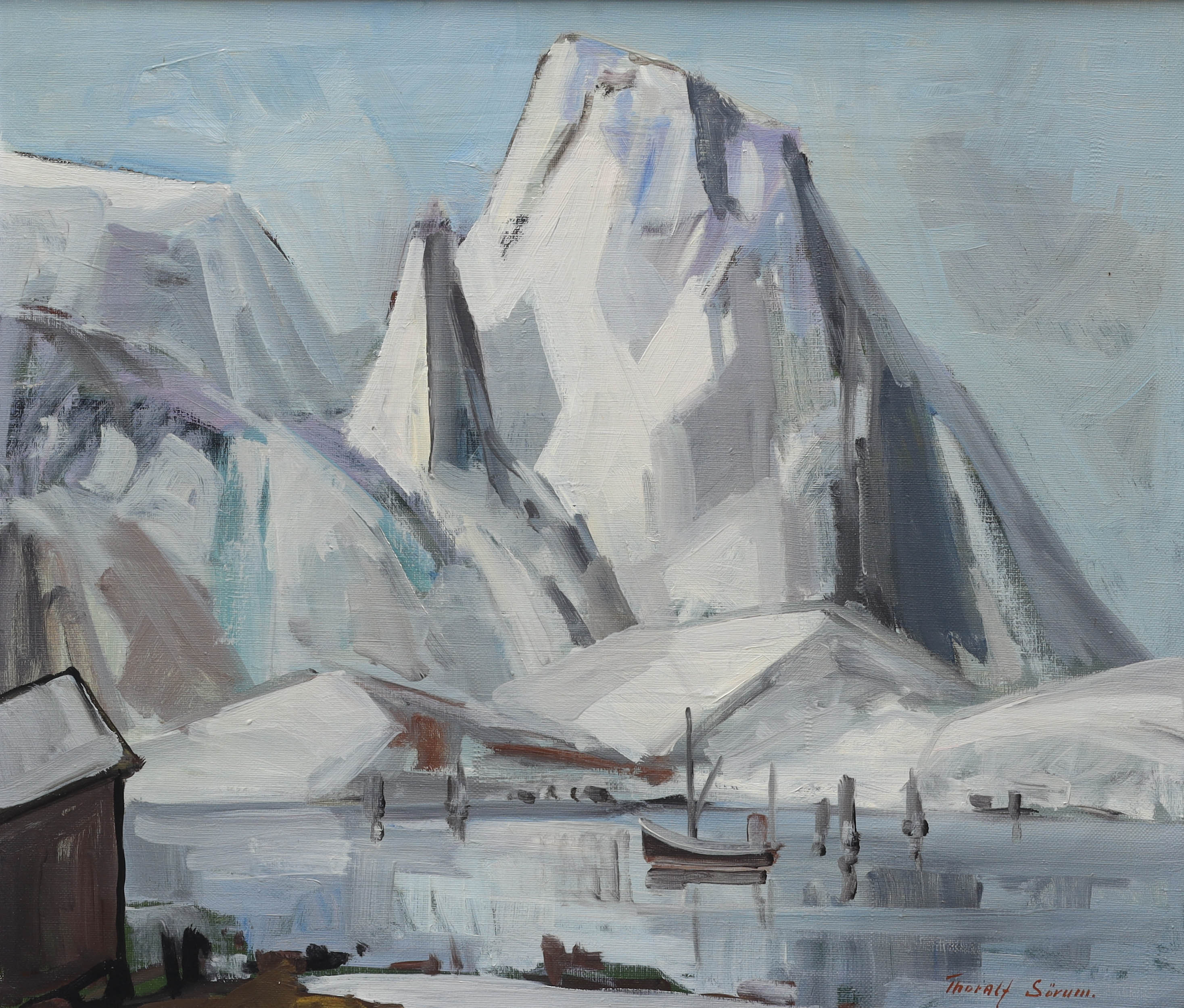 THORALF SÖRUM. olja på duk, fiskeby i Lofoten, signerad.