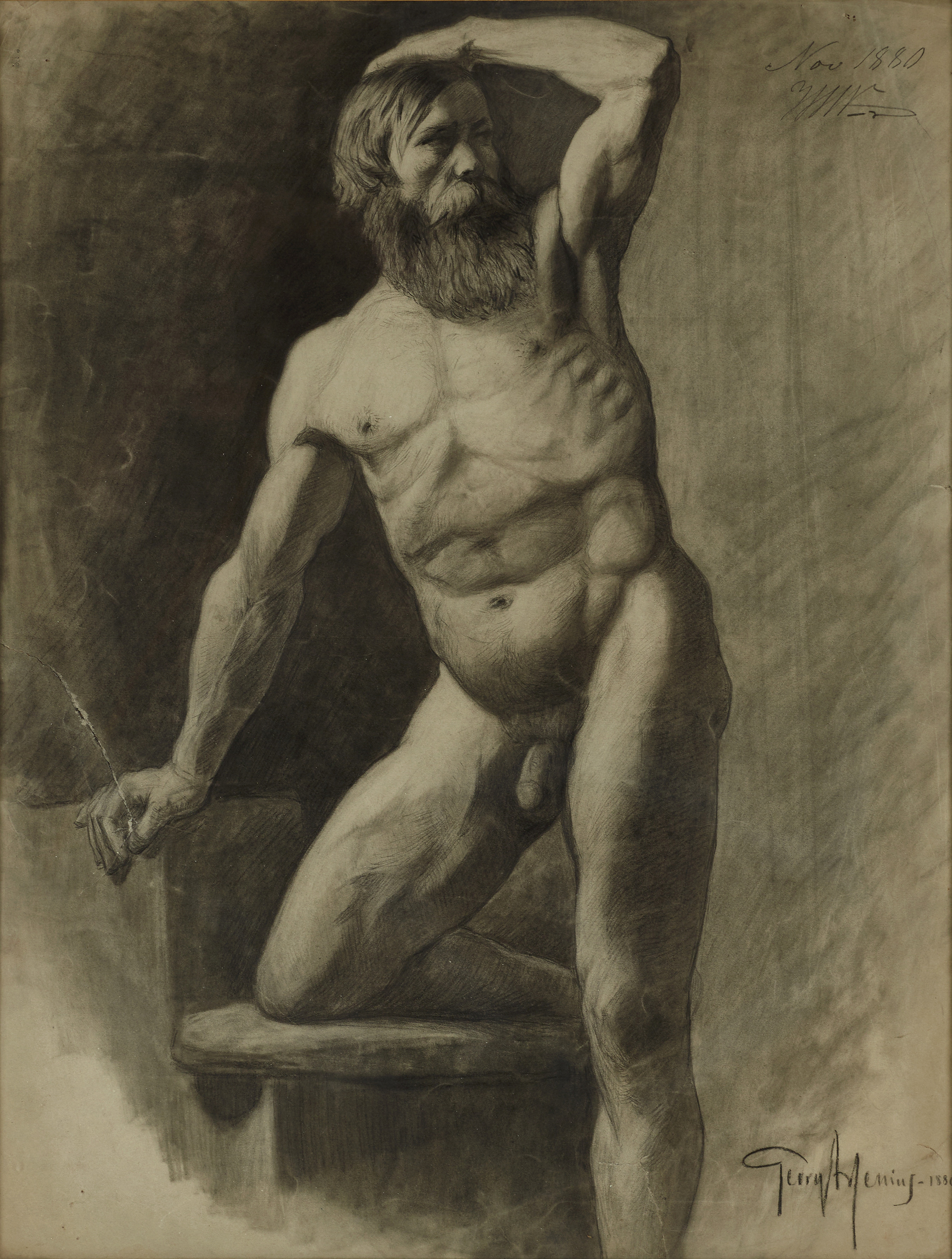 GEORG ARSENIUS (1855-1908). Akademistudie - atletisk man, 1880, signerad Georg Arsenius och kontrasignerad Nov 1880 av professorn i teckning vid Konstakademien Wilhelm Wallander, blyerts/kolteckning på papper.