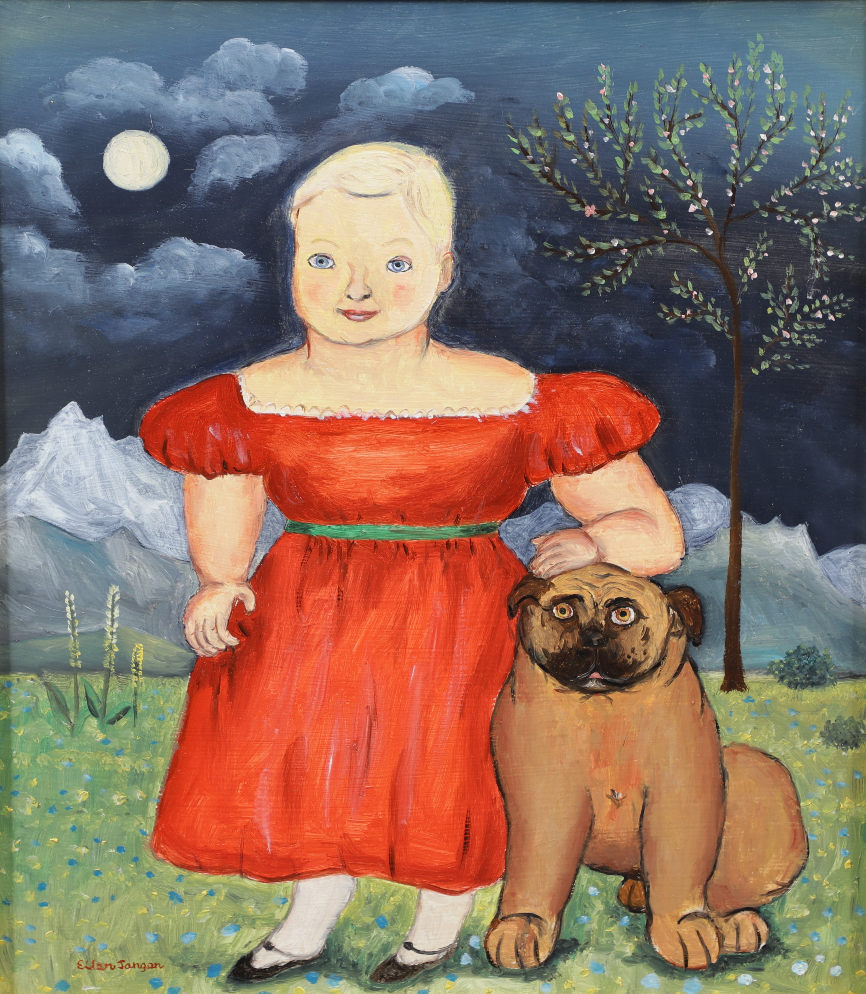 ELLEN TANGEN. Flicka med hund, olja på pannå, signerad.