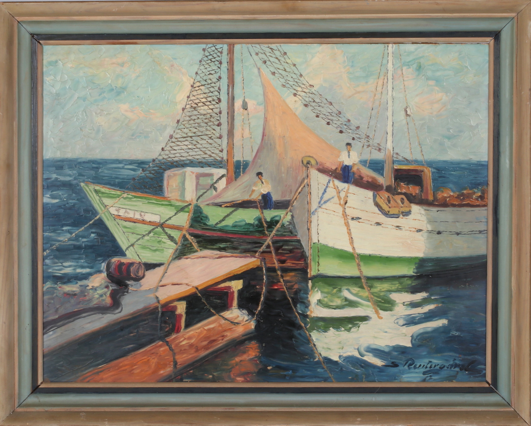 JAN SIGFRID ALFONS CARLSSON. Fiskebåtar, olja på pannå, signerad S. Reutergård.