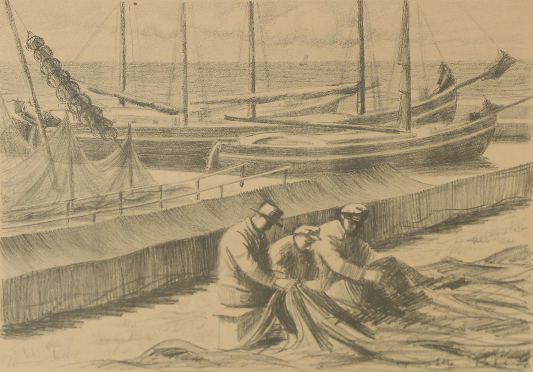 ALBERT ABBE. Fiskargubbar, litografi, signerat -42.