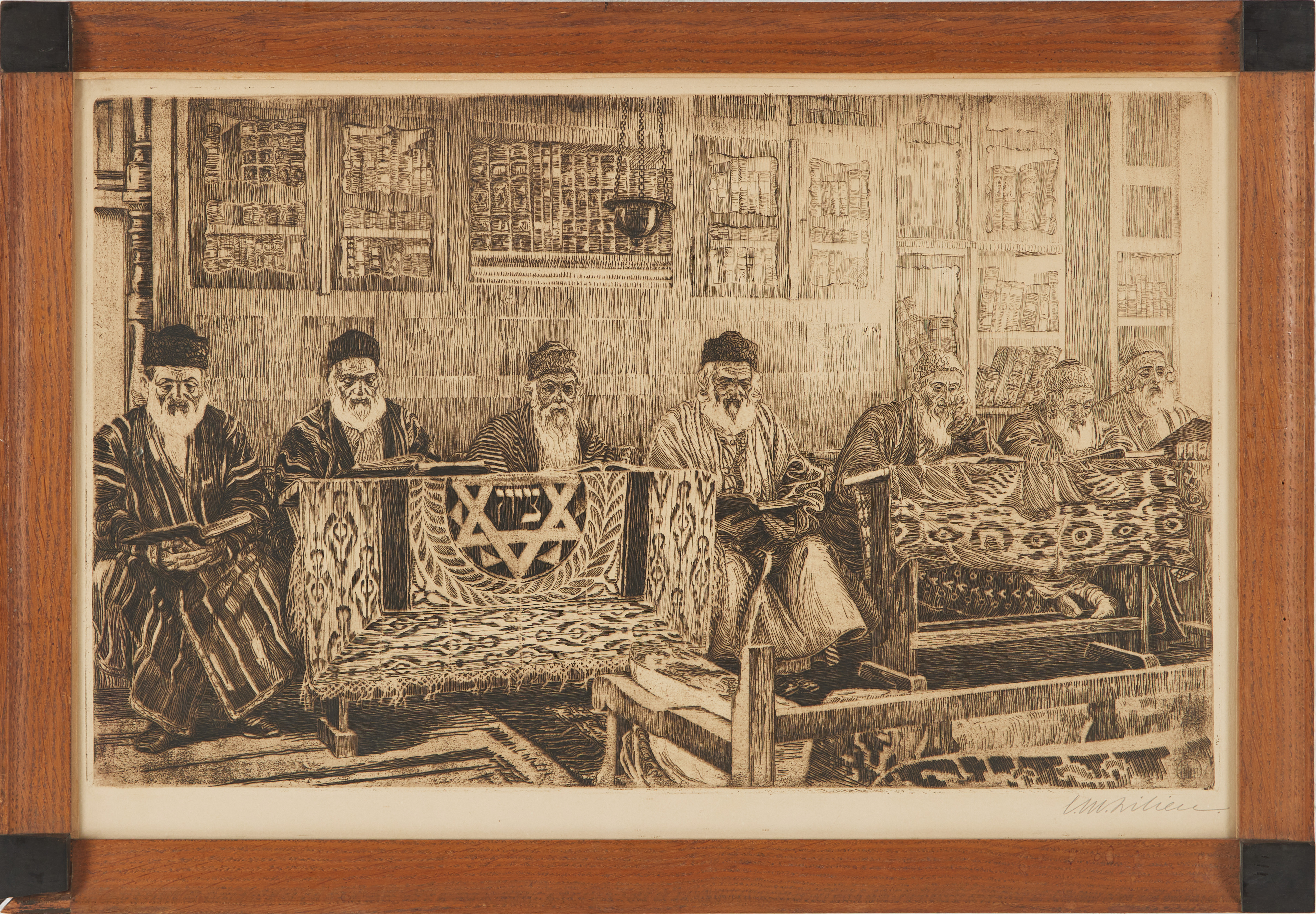 EPHRAIM MOSES LILIEN. Jemenitiska lärda män/I biblioteket, etsning, signerad i blyerts och i plåten, 1915.