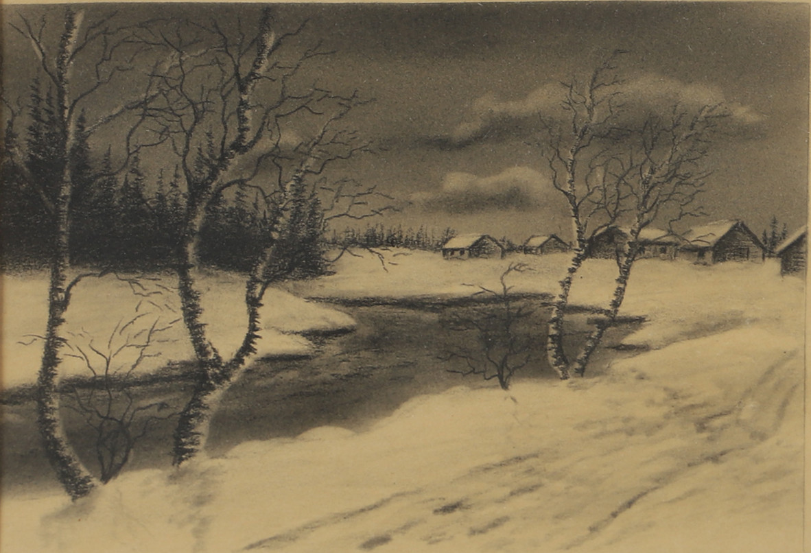 OIDENTIFIERAD KONSTNÄR. Björkar i vinterlandskap, kolteckning, otydligt signerad 1941.