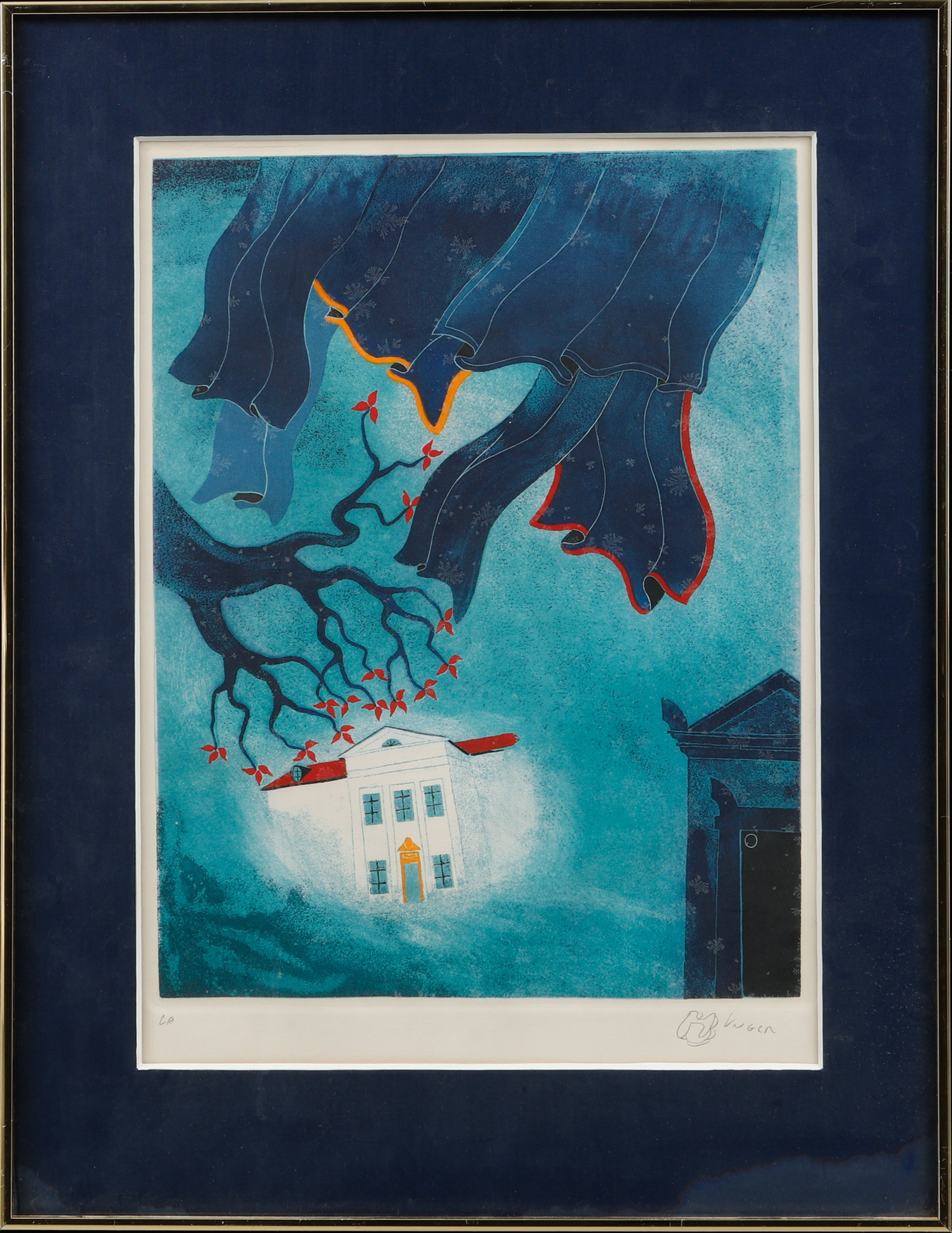 HENRY UNGER. Surrealistisk bild, färglitografi, signerad. EA.