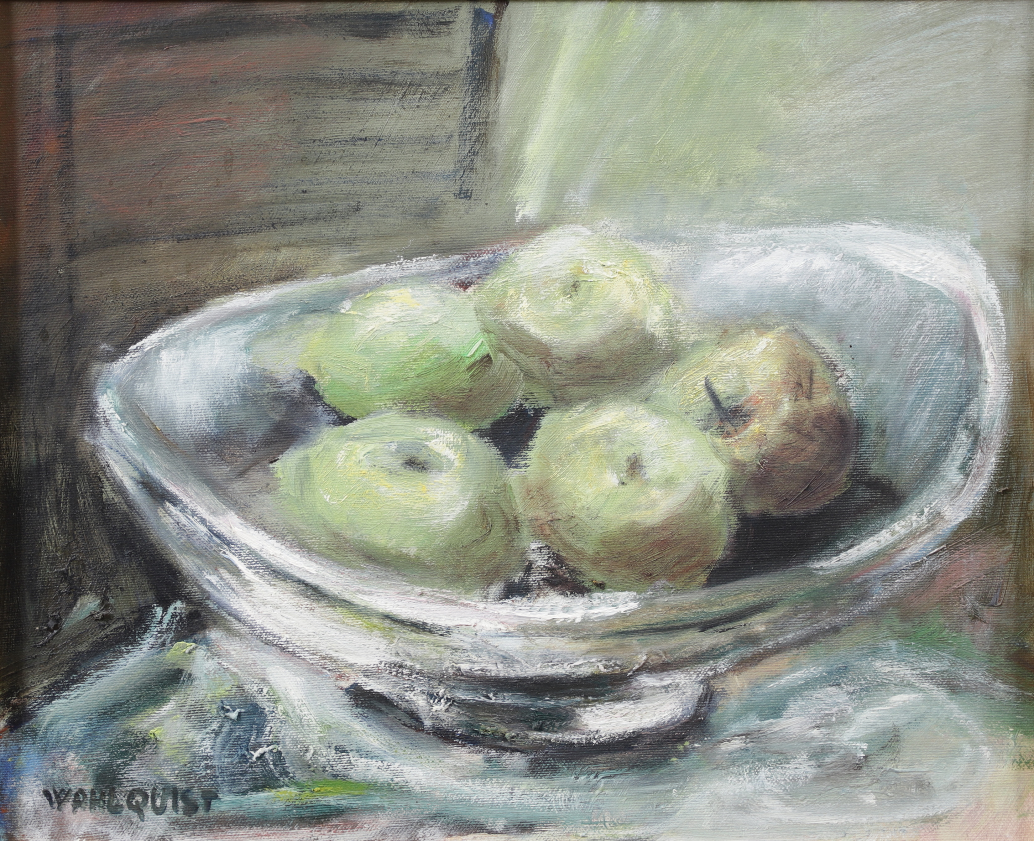 GUNNEY WAHLQUIST. Fruktstilleben, olja på duk, signerad.