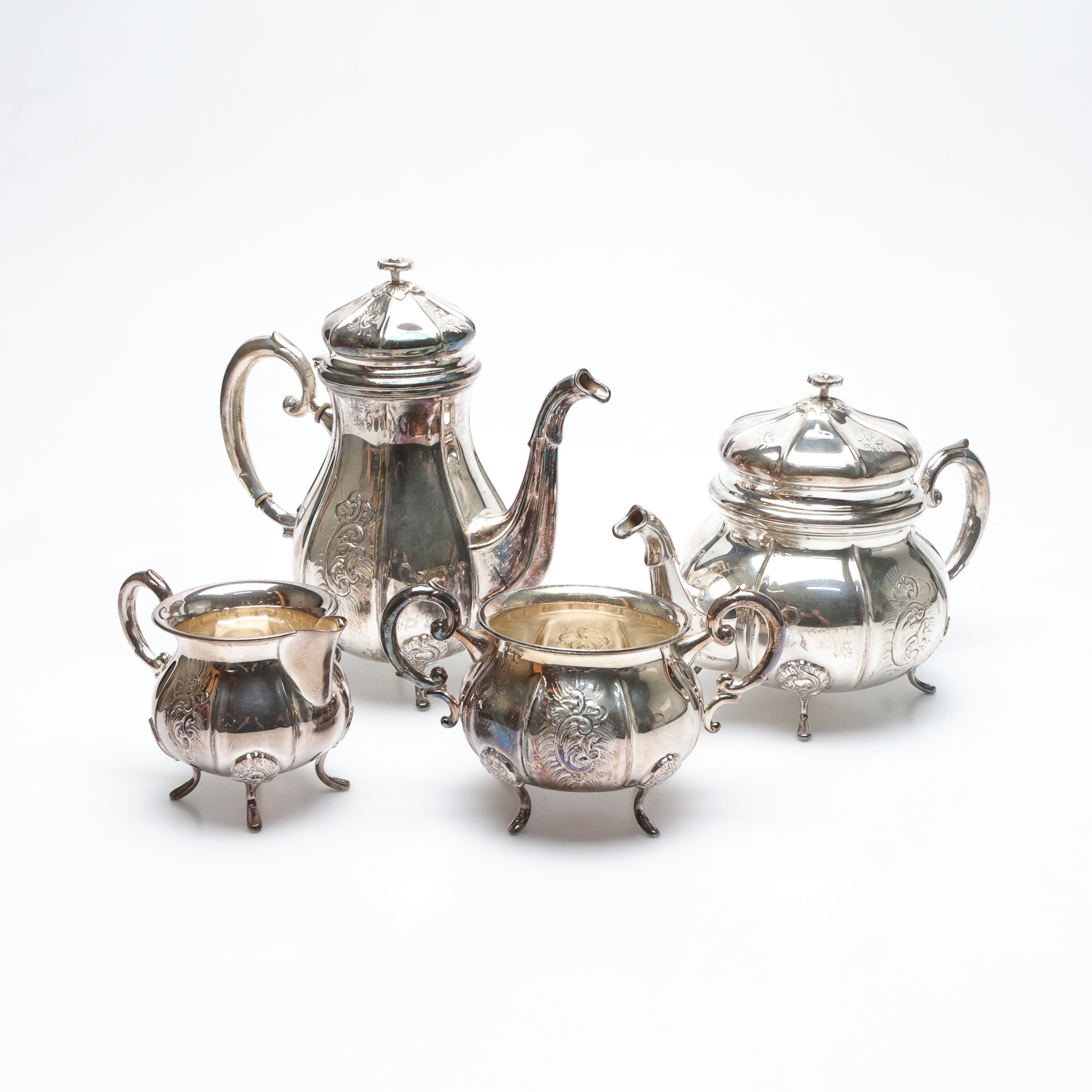 SERVIS, 4 delar, silver, rokokostil, vikt ca 1424 gram.