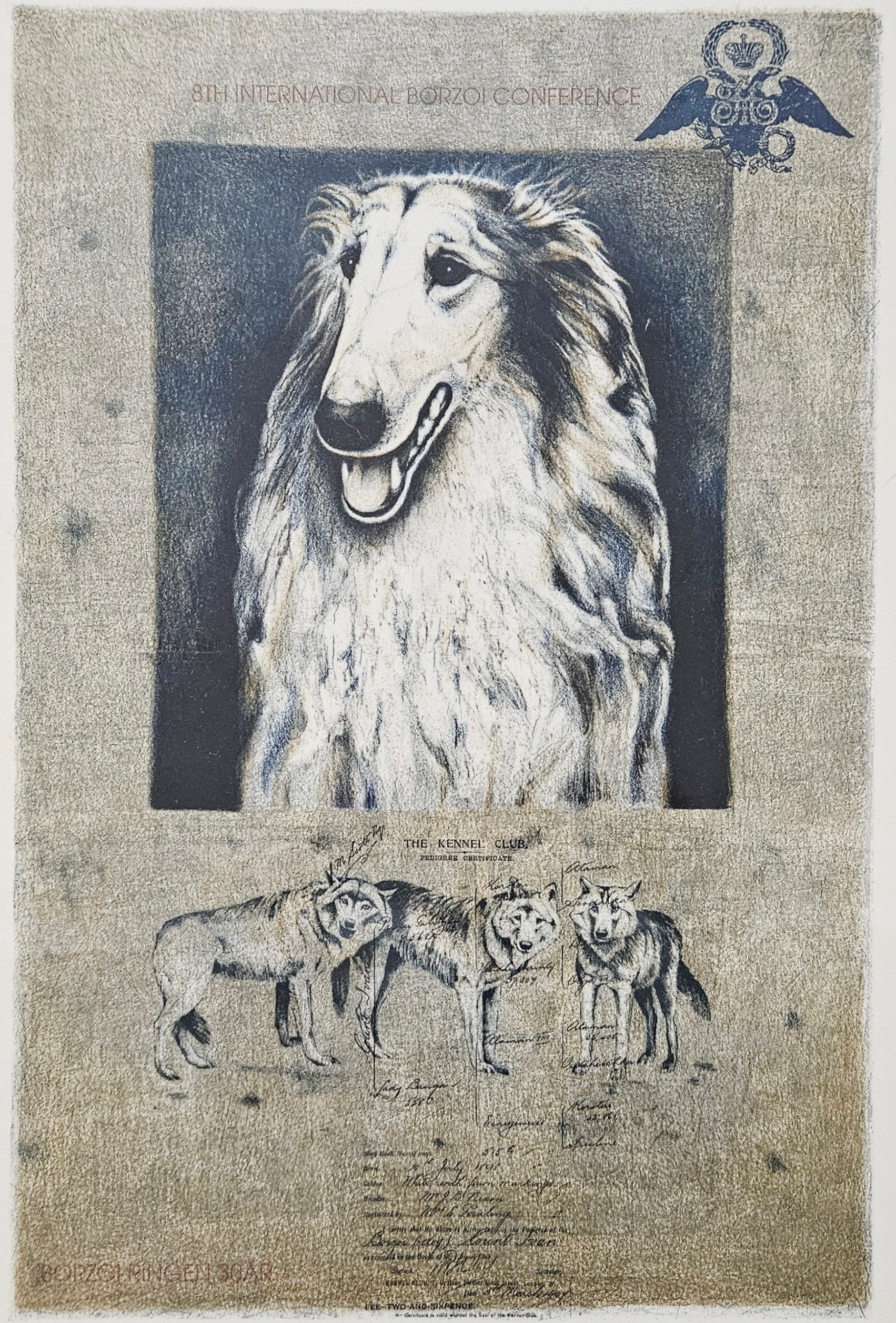 MONA NIKLASSON. Borzoi. Färglitografi, signerad och numrerad 1/100.