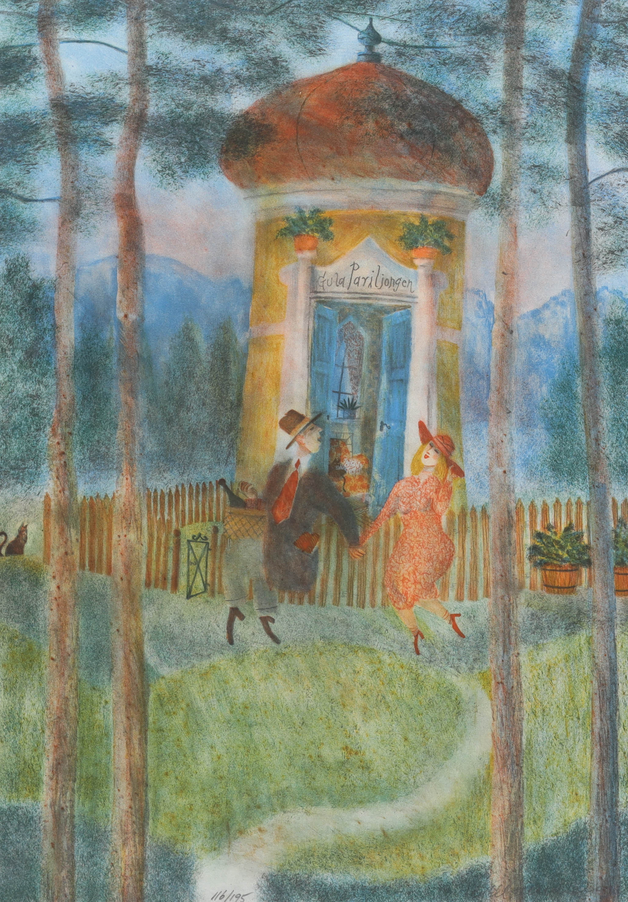KJELL SUNDBERG. färglitografi, "Gula paviljongen", numrerad 116/195, signerad.