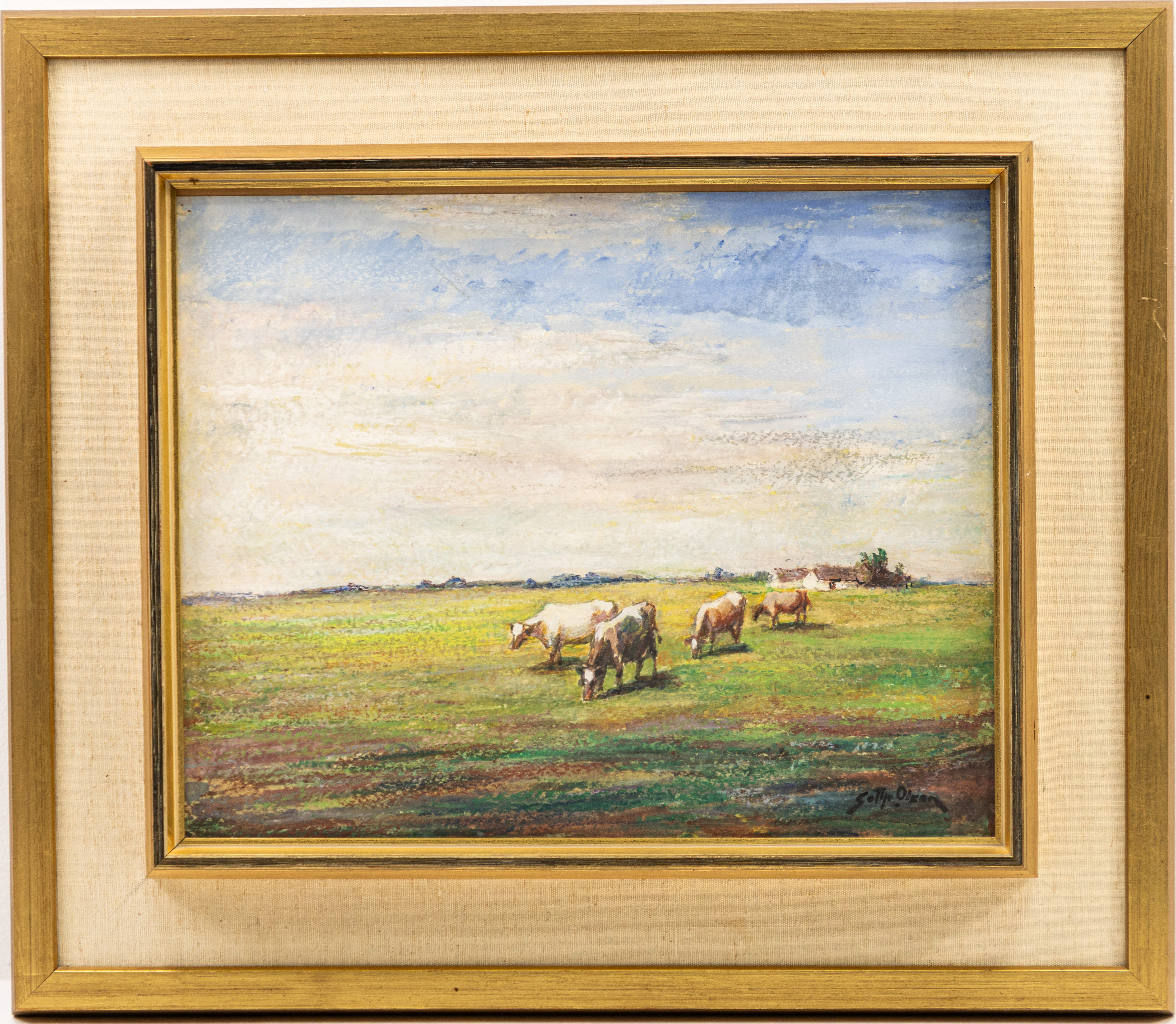 GOTTFRID OLSSON. Gouache, motiv med kor, signerad.