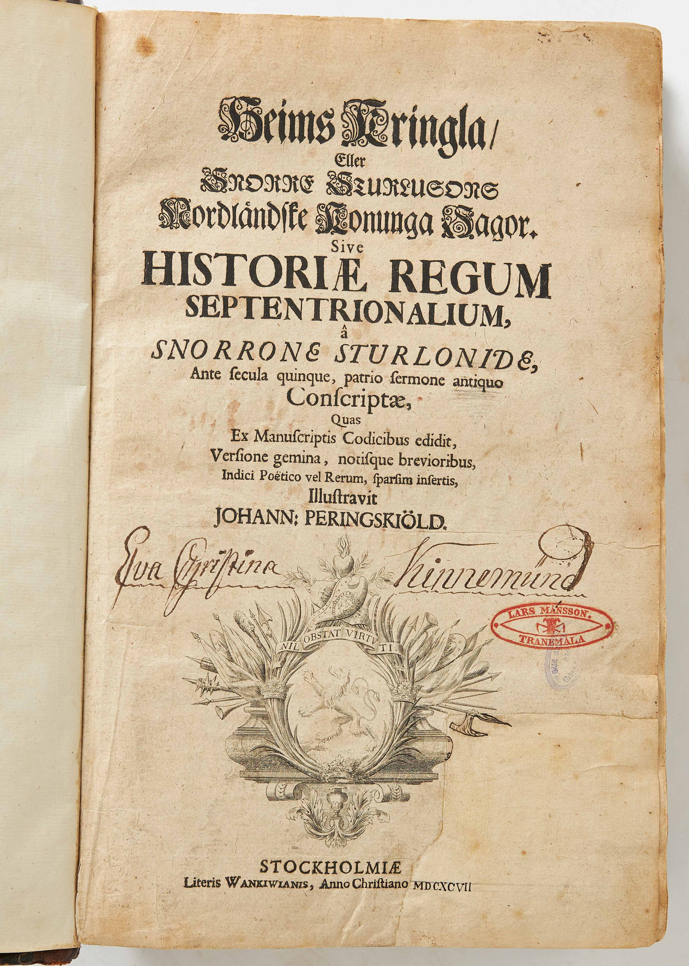 PERINGSKIÖLDS ÖVERSÄTTNING AV HEIMSKRINGLA 1697-1700. PROVENIENS BL.A. LARS MÅNSSON I TRANEMÅLA. 2 VOL.
