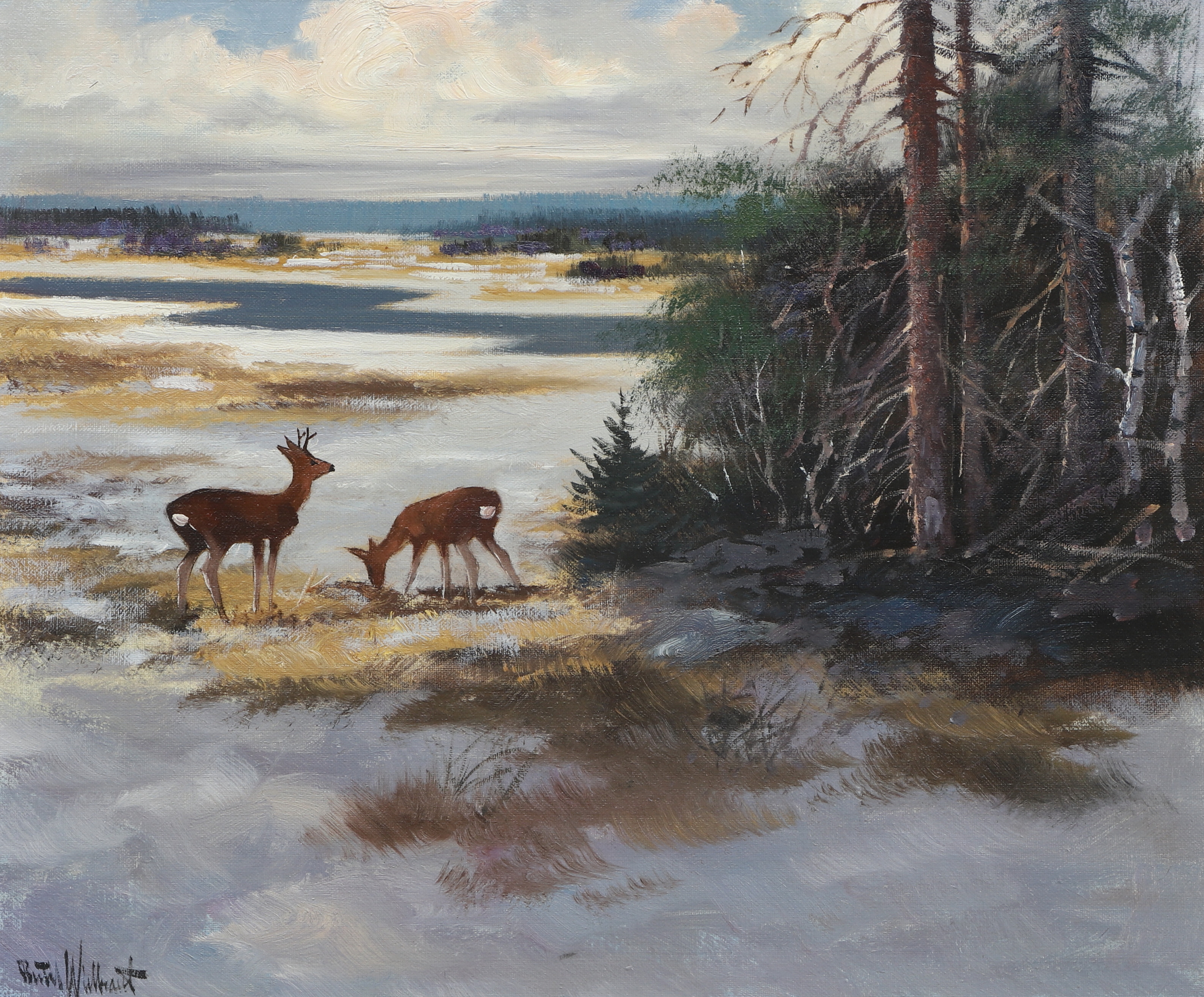 BERTIL WIDBRANDT. Olja på duk, Rådjurspar i vinterlandskap, signerad, 1900-tal.