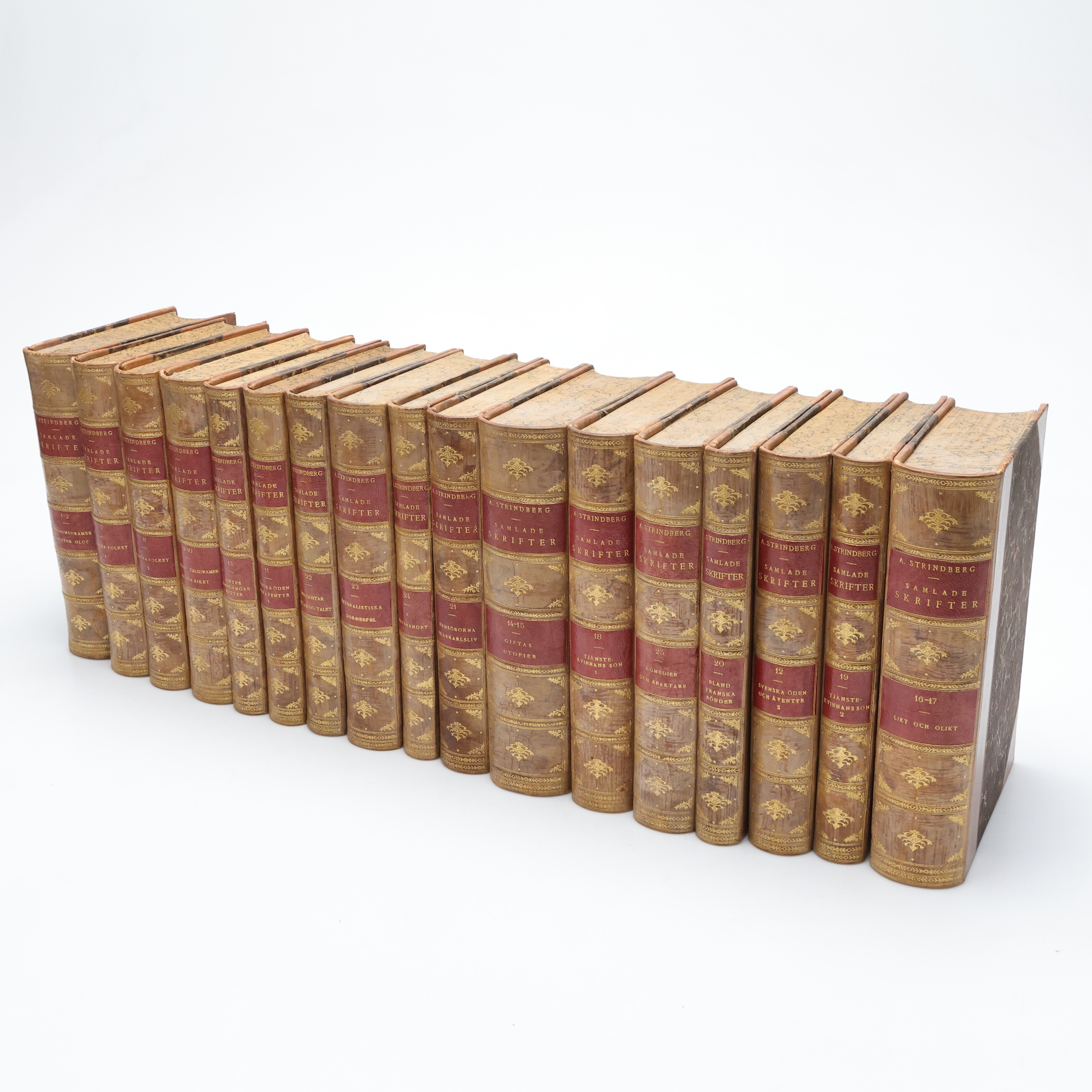 BÖCKER, 17 vol, August Strindberg, "Samlade Skrifter", Albert Bonniers förlag, Stockholm, halvfranska band.