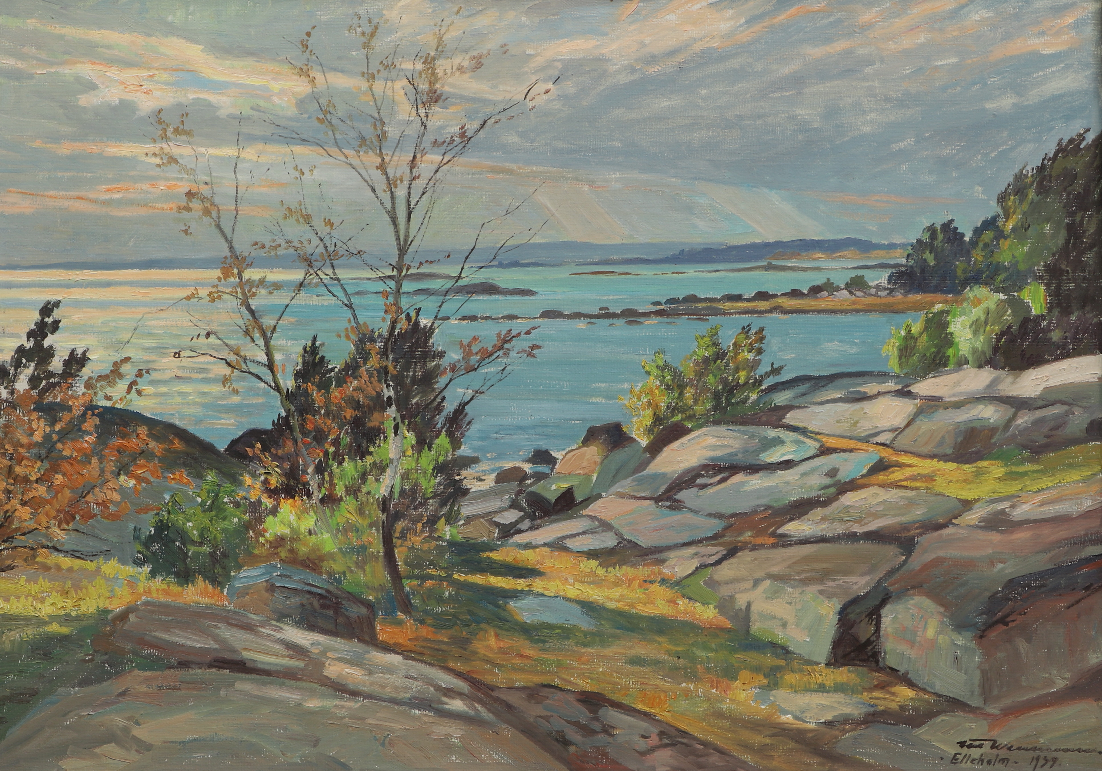 OIDENTIFIERAD KONSTNÄR. Olja på duk, "Elleholm", signerad, daterad 1939.