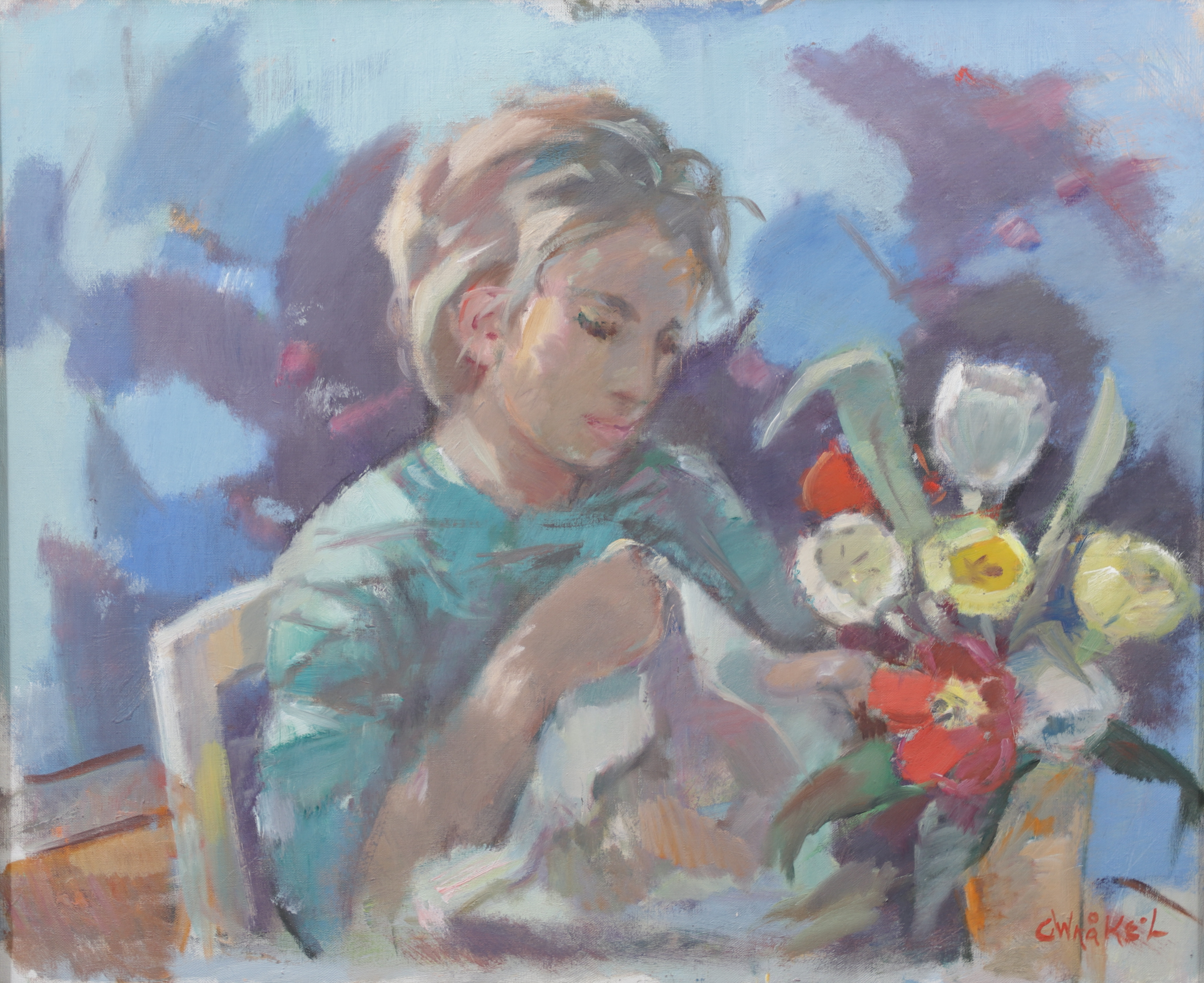 GERTRUD WRÅKE-LINDQVIST. Kvinna med blommor, olja på pannå, signerad.