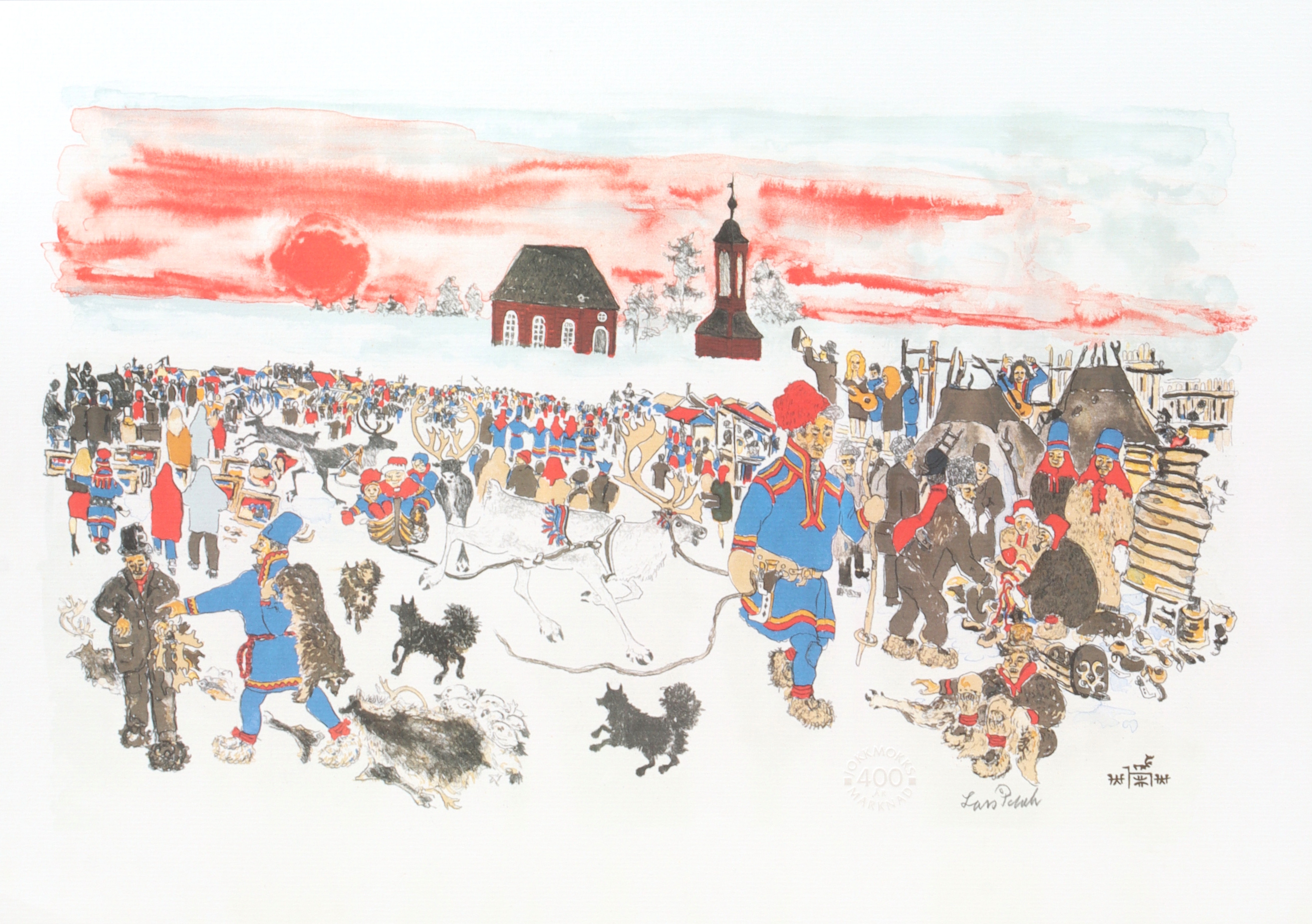 LARS PIRAK. "Jokkmokks marknad 400 år", tryck med stämpel samt signerad i blyerts.