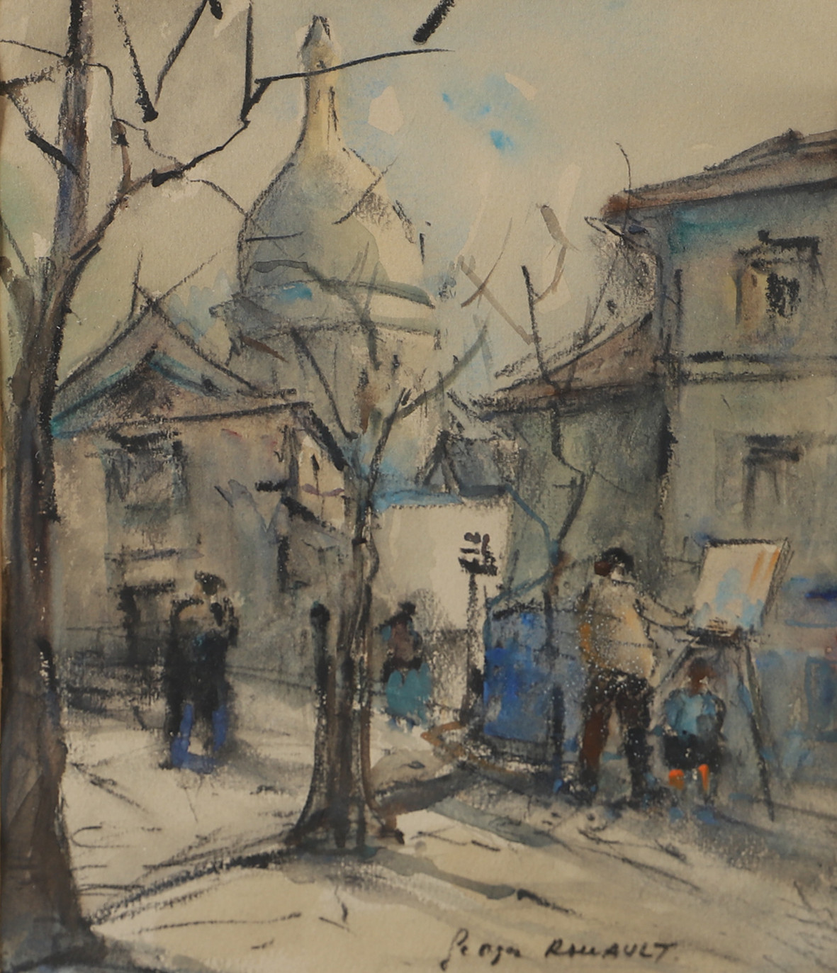 OIDENTIFIERAD KONSTNÄR. Montmartre med Sacré-Coeur, akvarell, signerad Rouault.