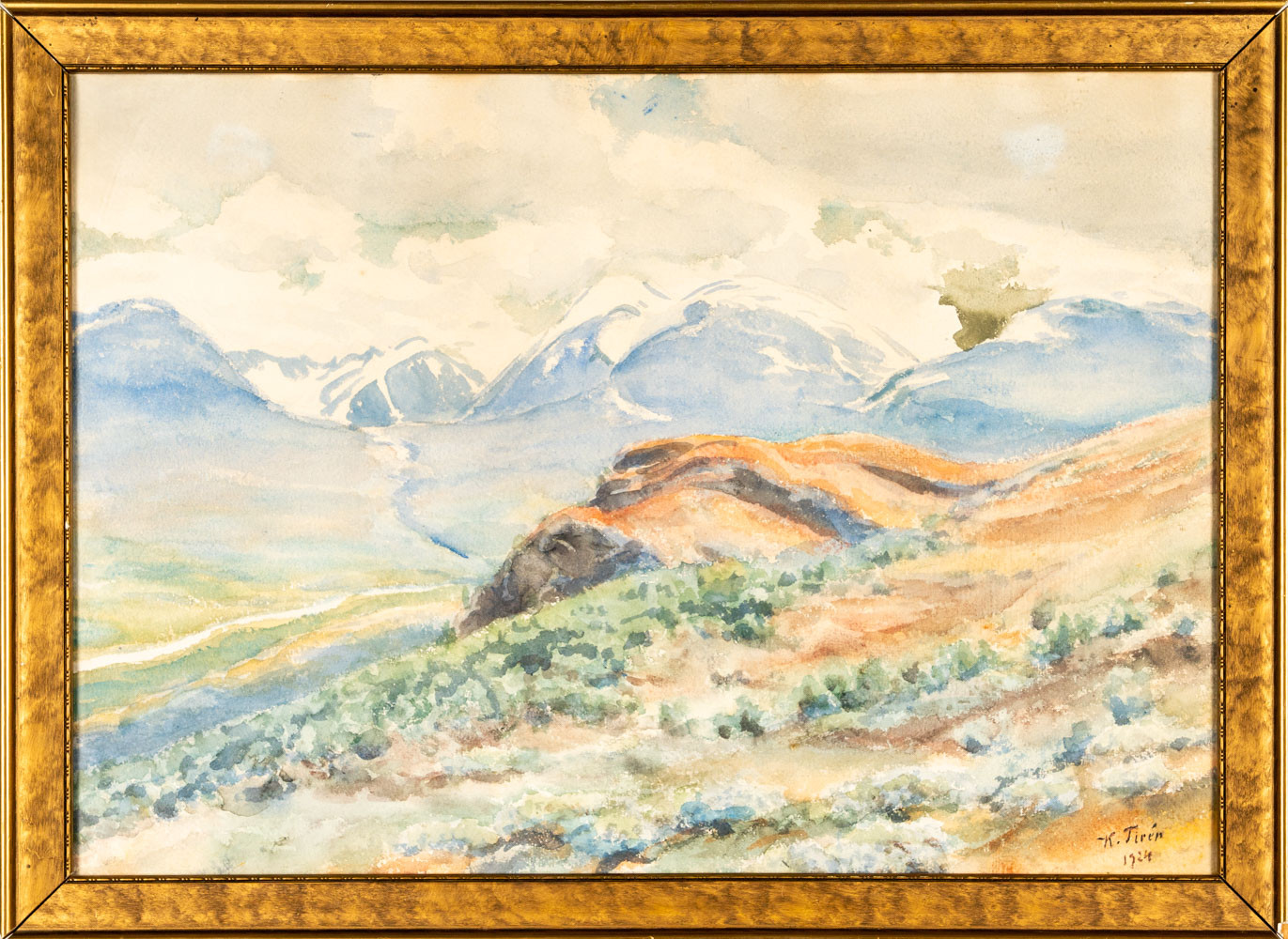 KARL TIRÉN. Akvarell på papper, Fjäll vid norra Lappland, Signerad & daterad 1924.