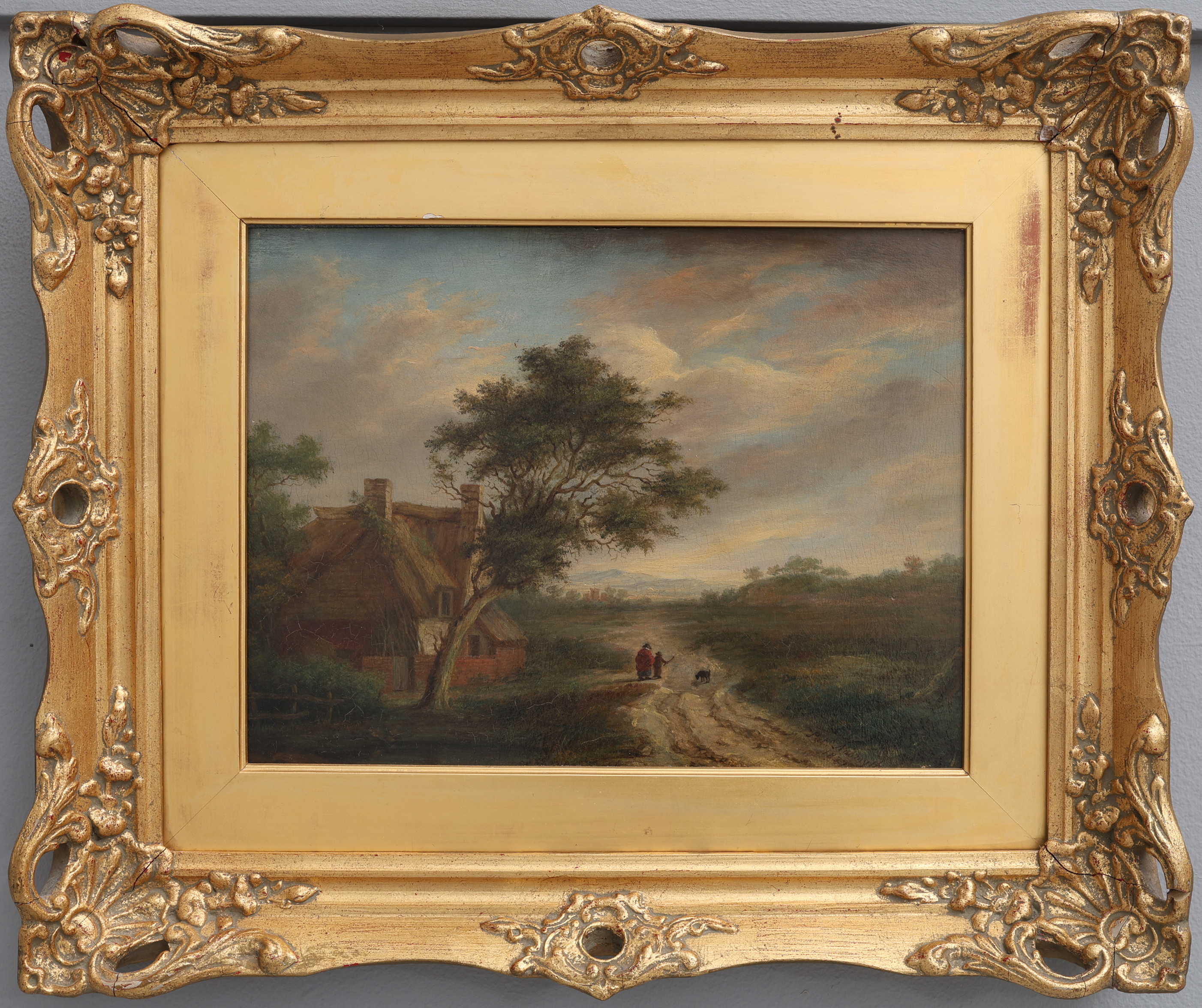 PATRICK NASMYTH 1787-1831. OLJA PÅ EKPANNÅ, LANDSKAP MED COTTAGE, SIGNERAD OCH DATERAD 1827.