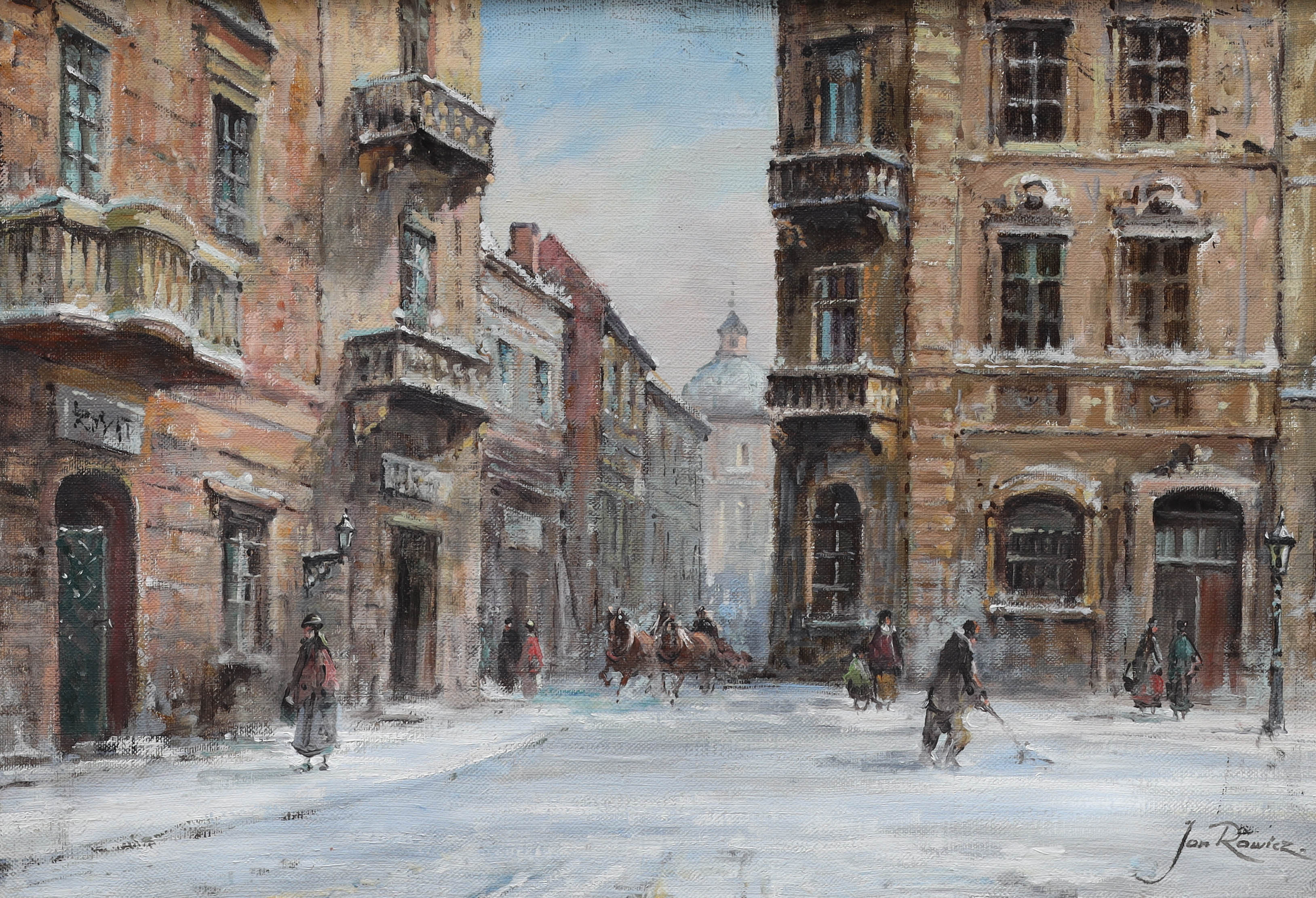 JAN RAWICZ. olja på duk, slädfärd genom snötäckt stad, signerad.