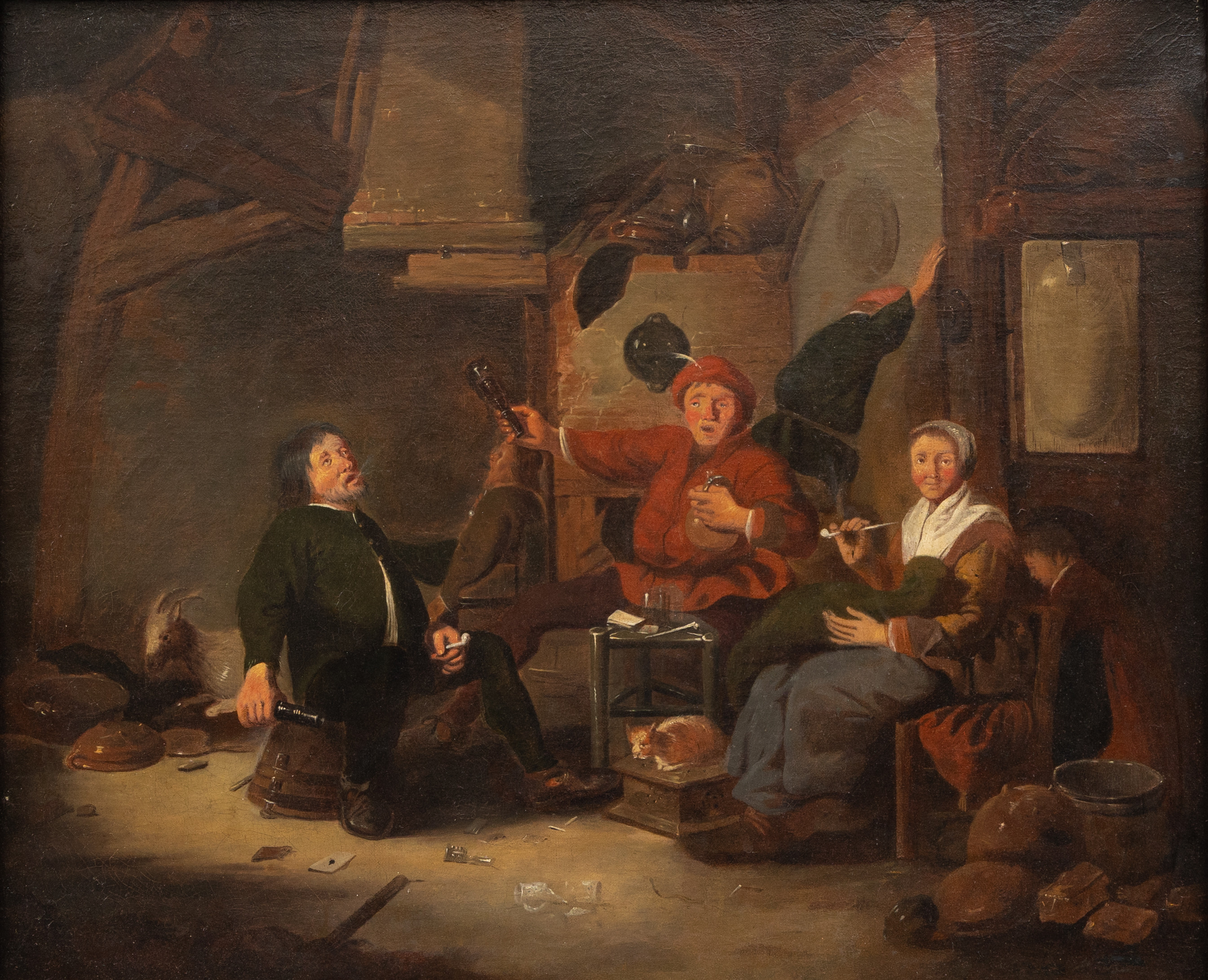 ADRIAEN VAN OSTADE. HANS EFTERFÖLJARE. Konversation vid bord 1600-talets slut, olja på duk, osignerad.