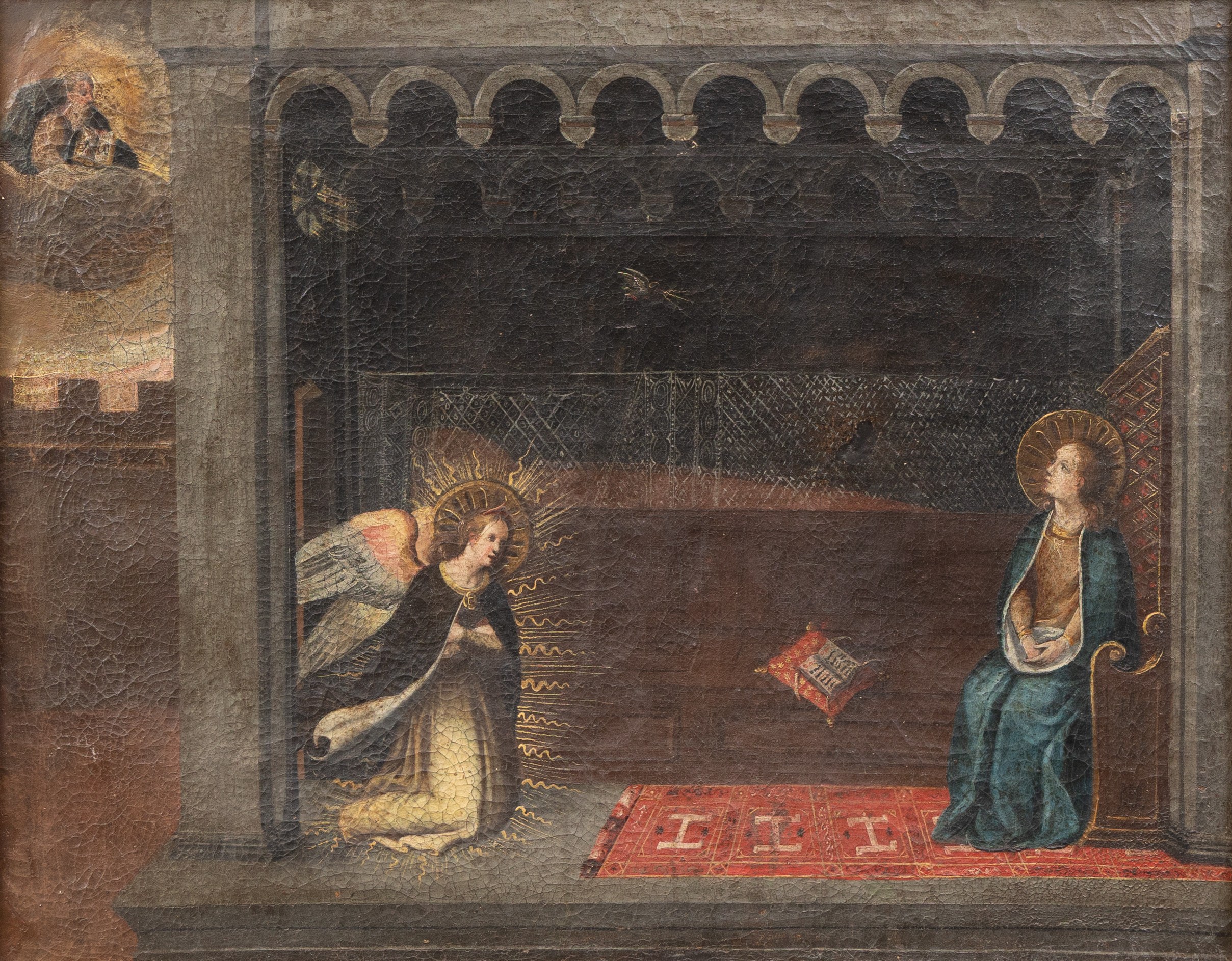 OKÄND KONSTNÄR. Gabriel och jungfru Maria (Bebådelsen), olja på duk, Italien, 1600-talets slut/1700-talets början, osignerad.