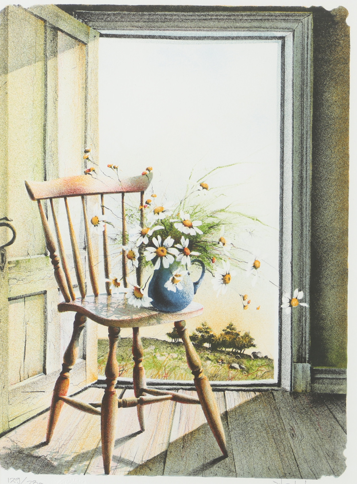 NILS ERIK JOHANSSON. Blomsterstilleben med stol, färglitografi, signerad NE Johansson.