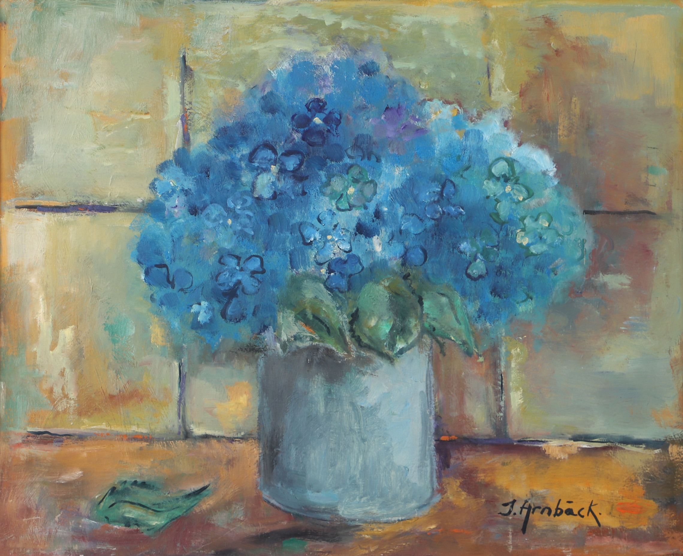 INGA ARNBÄCK. Blomsterstilleben, olja på pannå, signerad I Arnbäck.