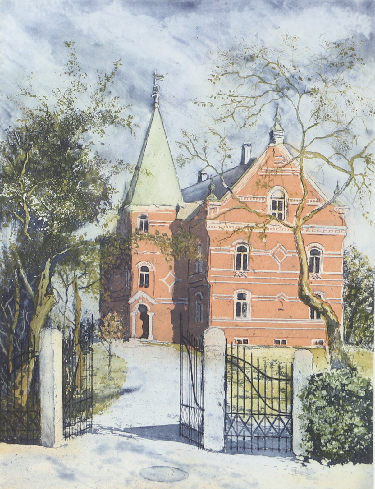 JOSEF SCHIBLI. Hus med öppen grind, etsning, signerad.