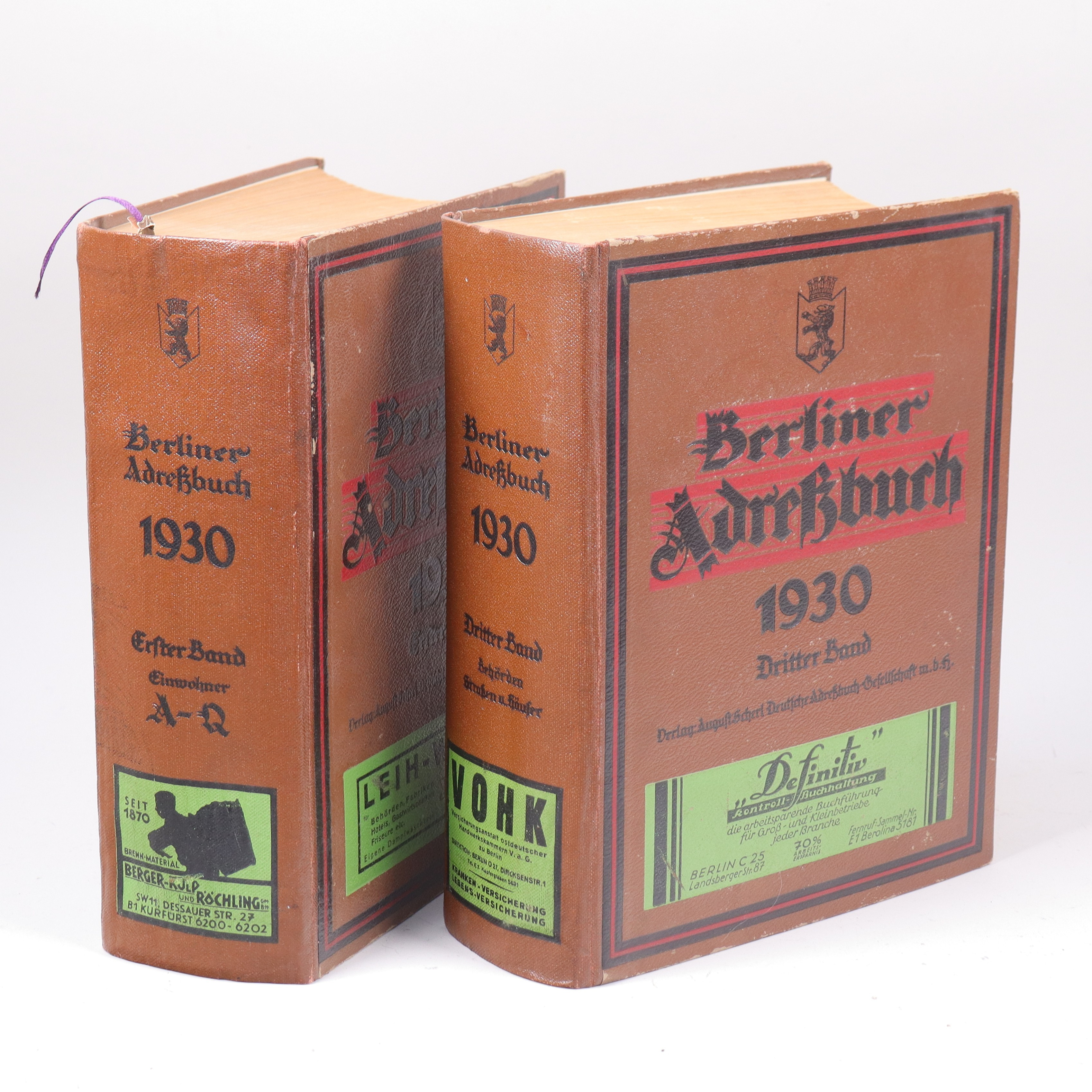 ADRESSBÖCKER, Berliner Adressbuch 1930, Erster Band Invånare A-Q samt Dritter Band Företag, 2 st.