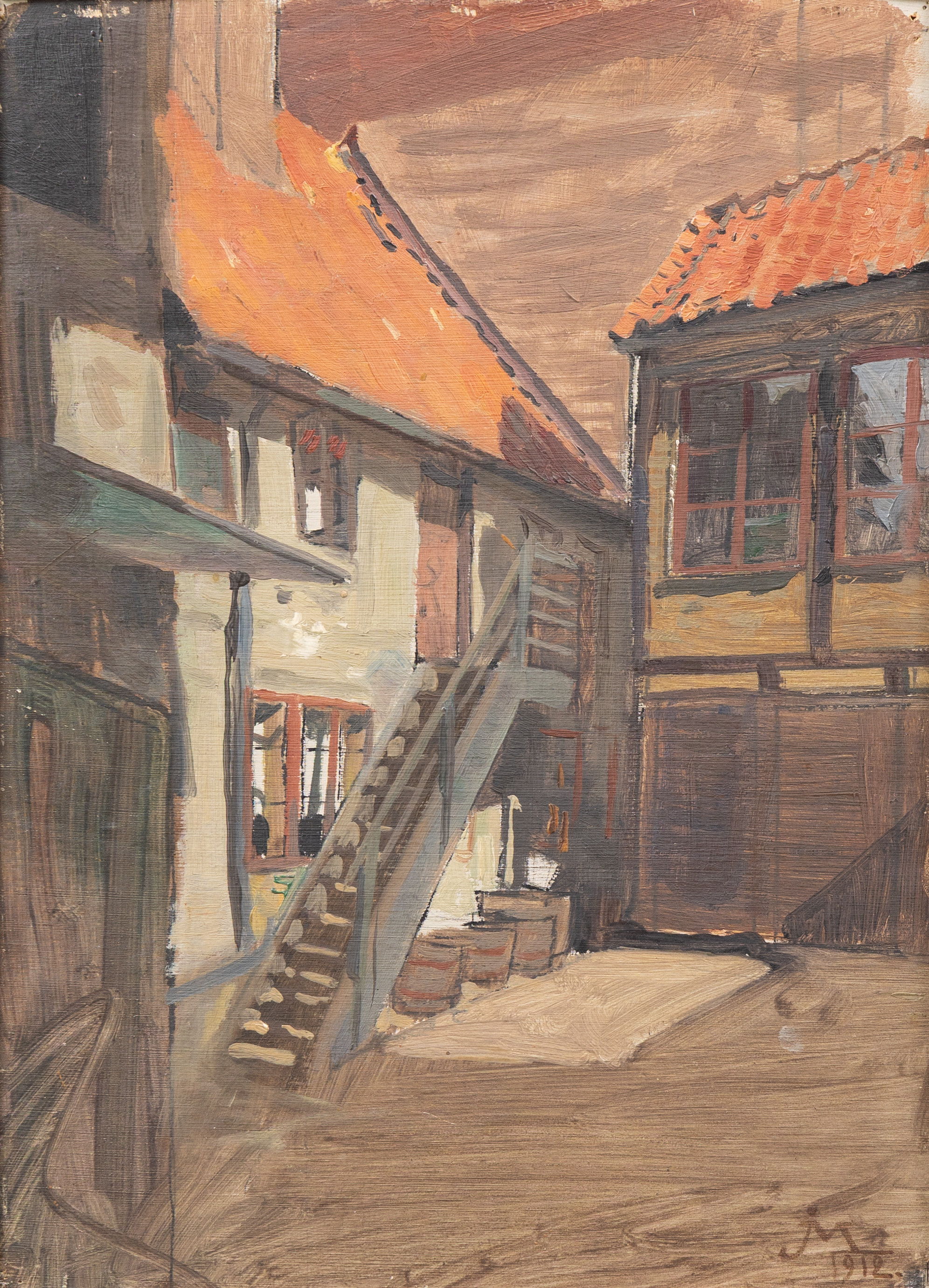 JÖNS MÅRTENSSON. Innergård vid Klostergatan, Lund, olja på pannå, signerad och daterad 1912.