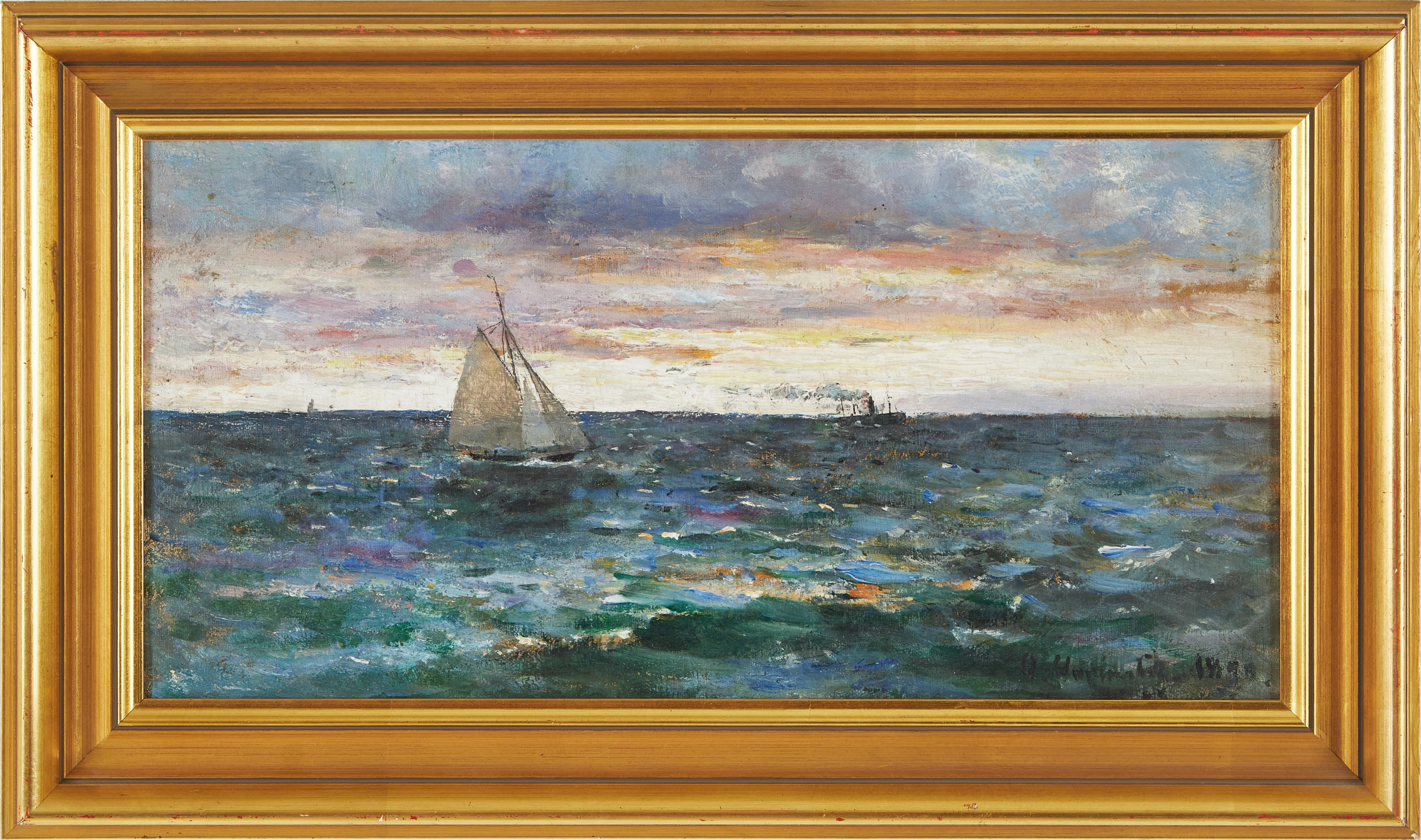 OIDENTIFIERAD KONSTNÄR. Hav med segelbåt, olja på duk fäst mot pannå, otydligt signerad, 1890.