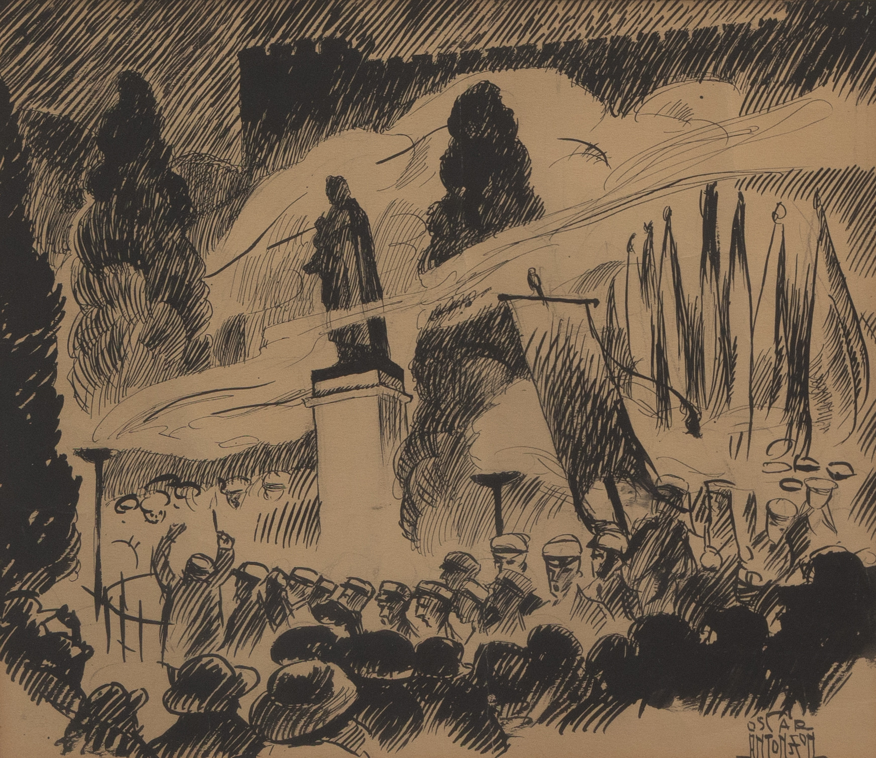 OSCAR ANTONSSON (1898-1960). Valborgsmässofirande i Lund, tusch, signerad.