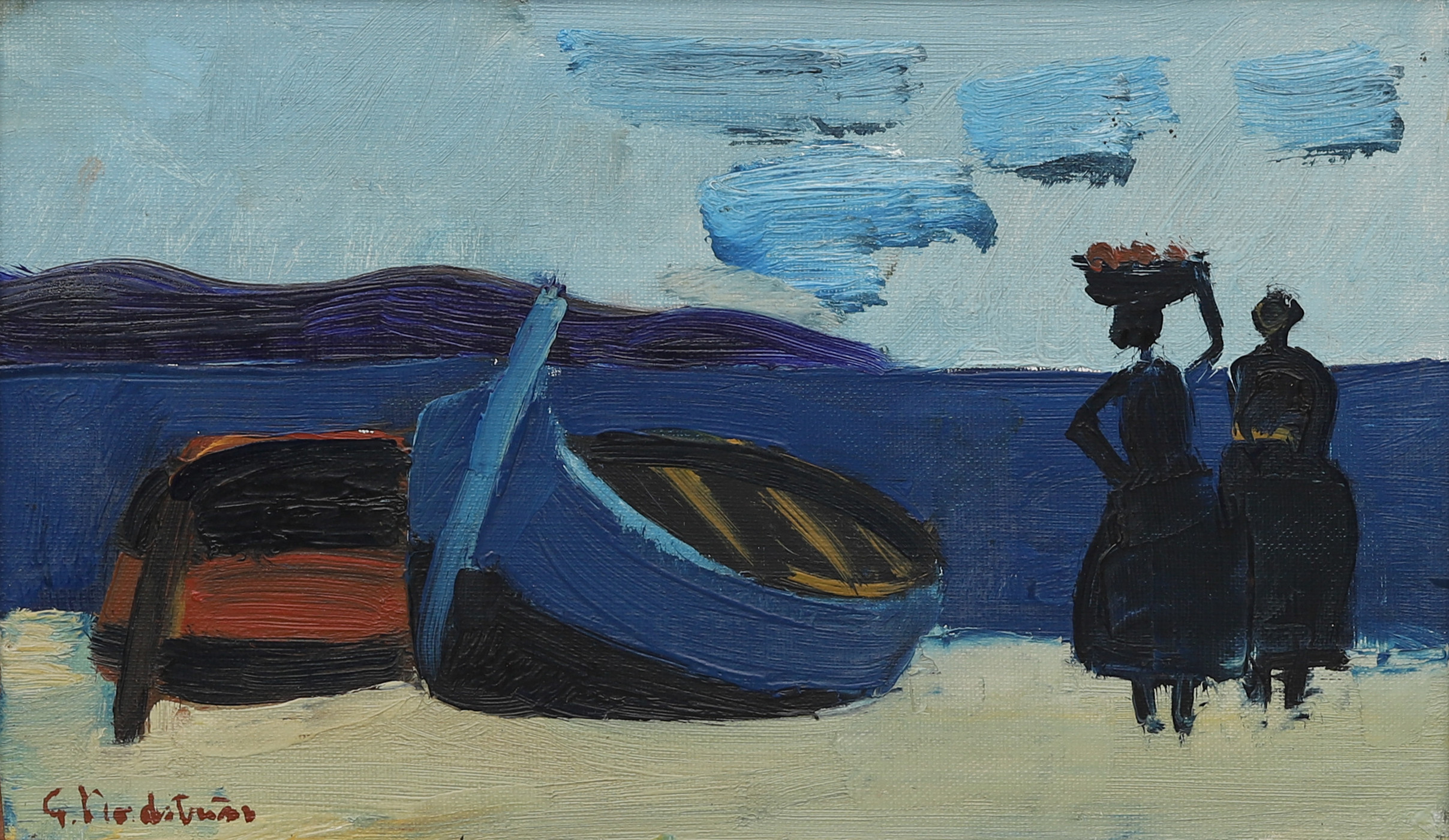GERHARD  NORDSTRÖM. Strand med personer och uppdragna båtar, olja på duk, signerad.