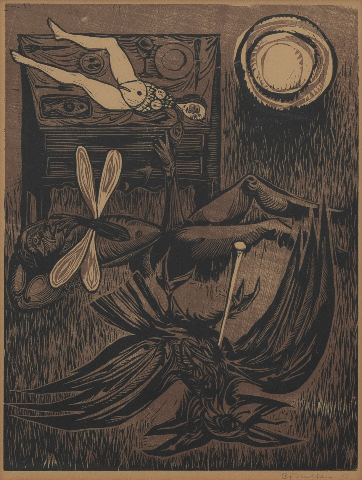 CO HULTÉN. "Inför nattens måltider", träsnitt, signerad och daterad 1948.