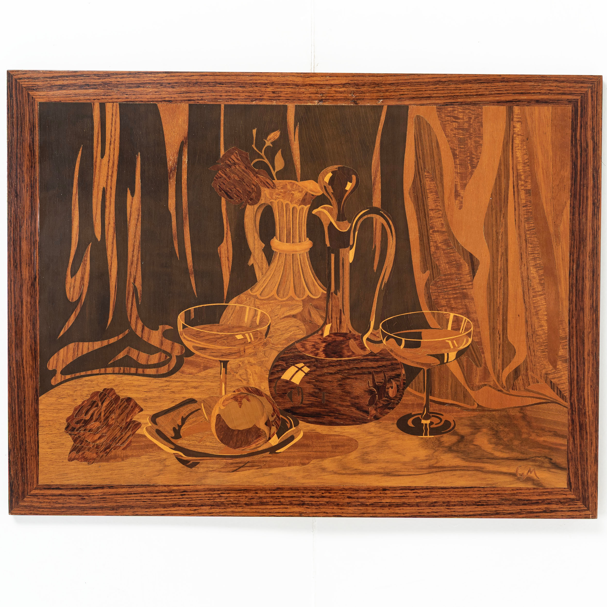 GERHARD MALMBERG. Tavla, "Stilleben", intarsia, Mjölby Decoupeurfabrik, 1920/30-tal.