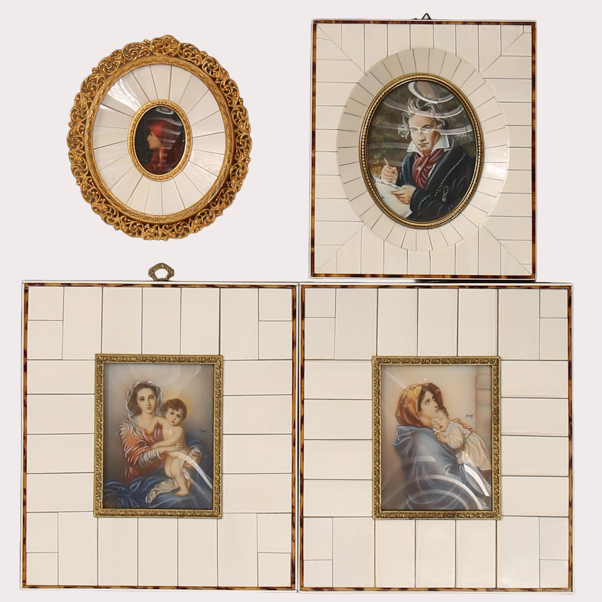 MINIATYR TAVLOR, 4 st., monterade i benklädda ramar, Maria med jesusbarnet, Beethoven, Kvinna med rött dok. Omkring 1900-talets mitt.