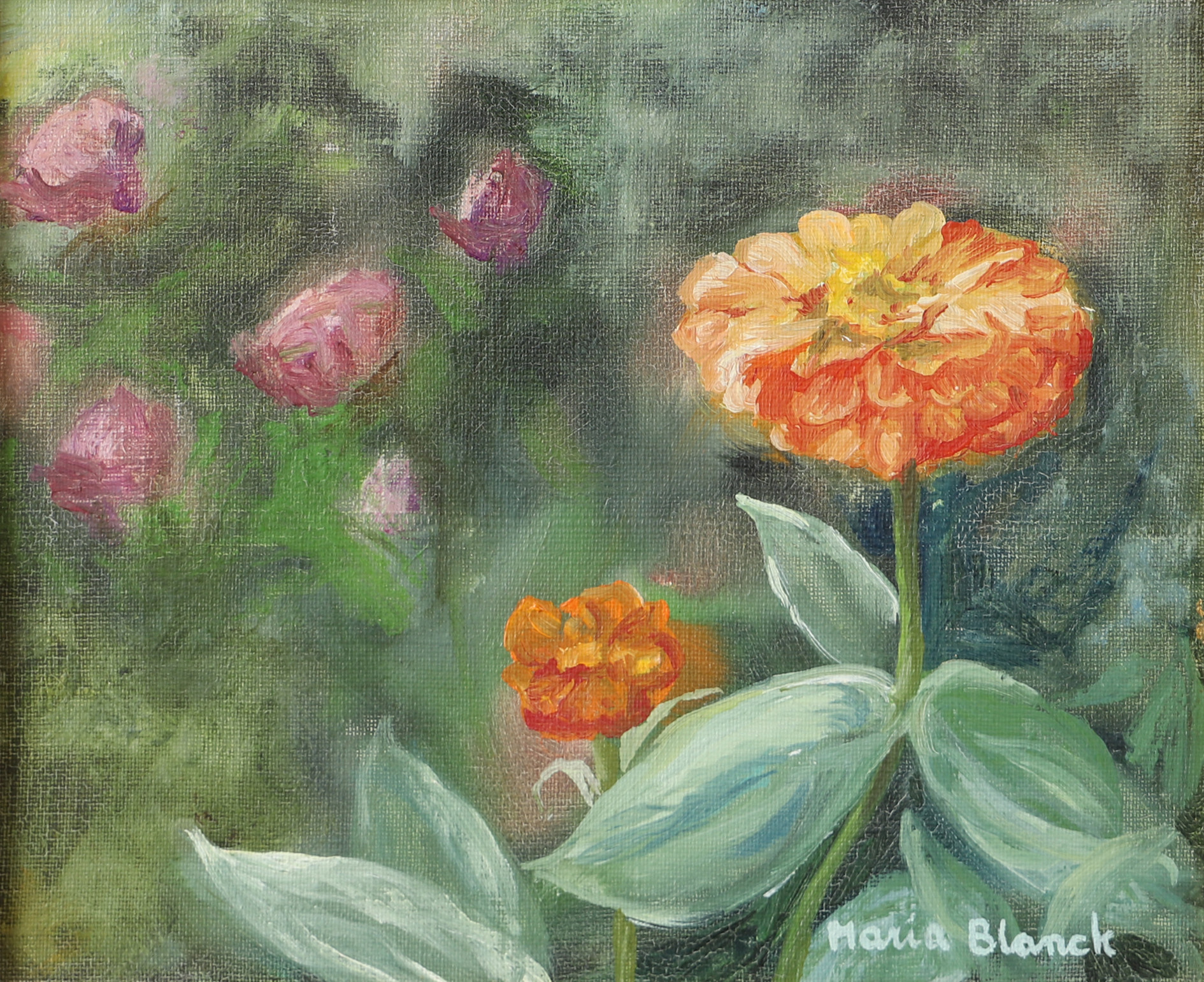 MARIA BLANCK. "Från farmors rabatt", olja på duk, signerad.