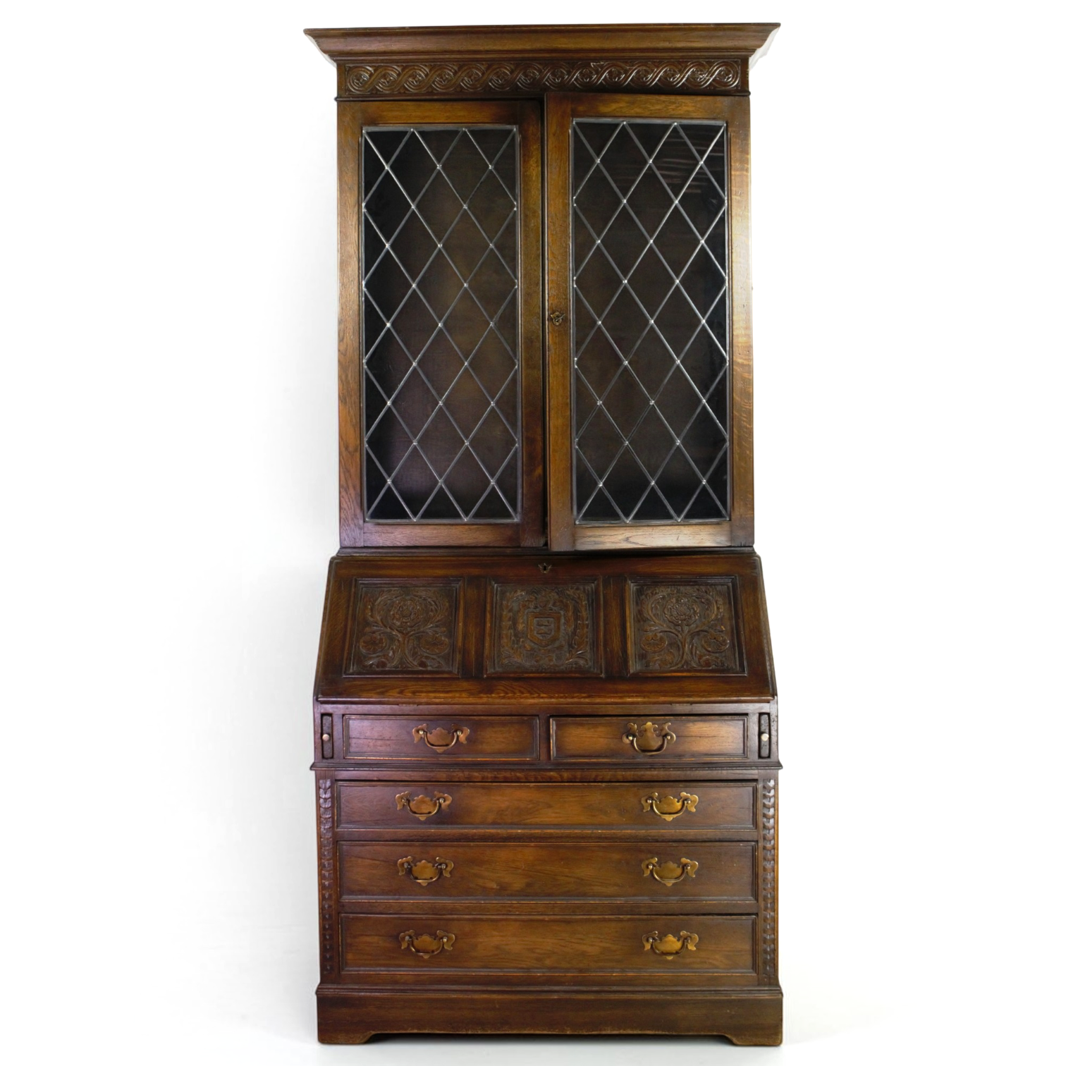 BOKSKÅP med skrivklaff, skuren ek, vitrin med blyinfattat glas, delbar, Jaycee Furniture, England, 1900-talets andra hälft.
