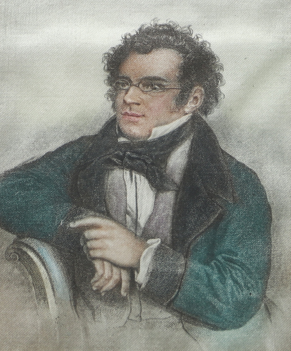 OKÄND KONSTNÄR. Porträtt av Franz Schubert, textiltryck efter äldre förlaga.