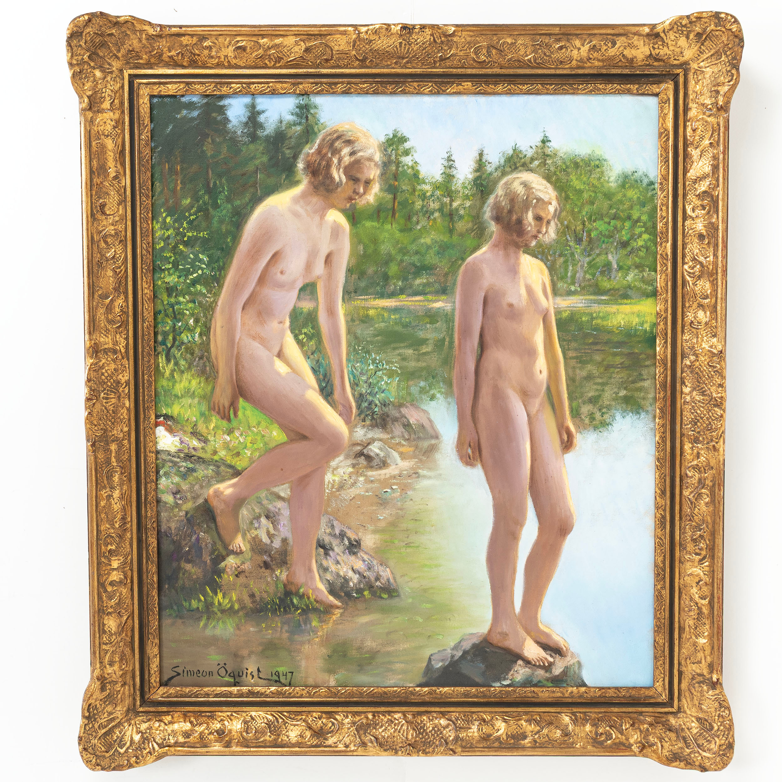 SIMEON ÖQUIST (1869-1955), Olja på duk, Motiv av badande kvinnor, daterad 1947.