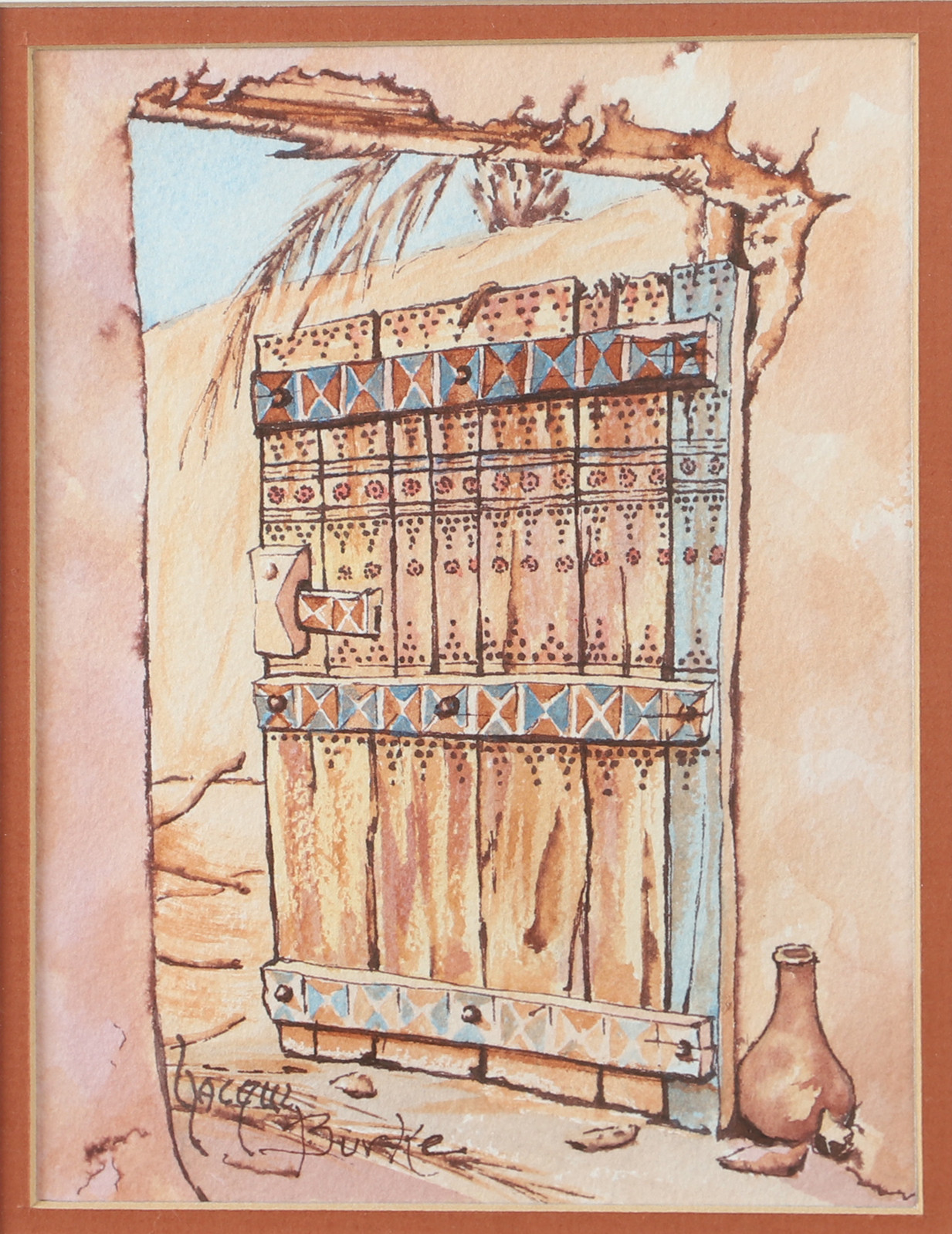 JACQUI BURKE. "Diriyah door #3", akvarell/tusch, signerad.