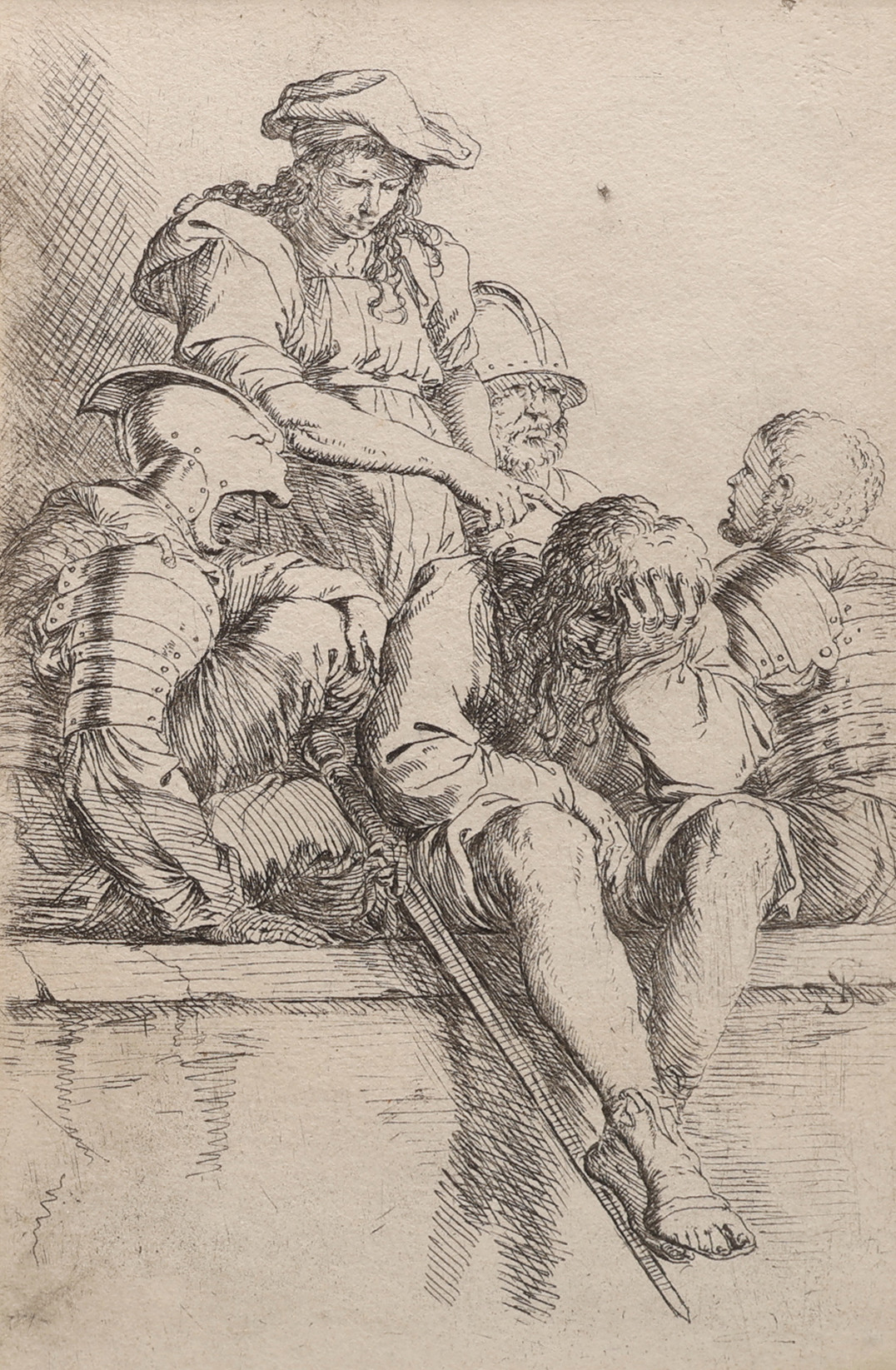 SALVATOR ROSA 1615-1673. ETSNING OCH TORRNÅL, FYRA SOLDATER OCH EN UNG MAN SOM PEKAR PÅ EN AV DEM, MONOGRAMSIGNERAD I PLÅTEN 1656-57.