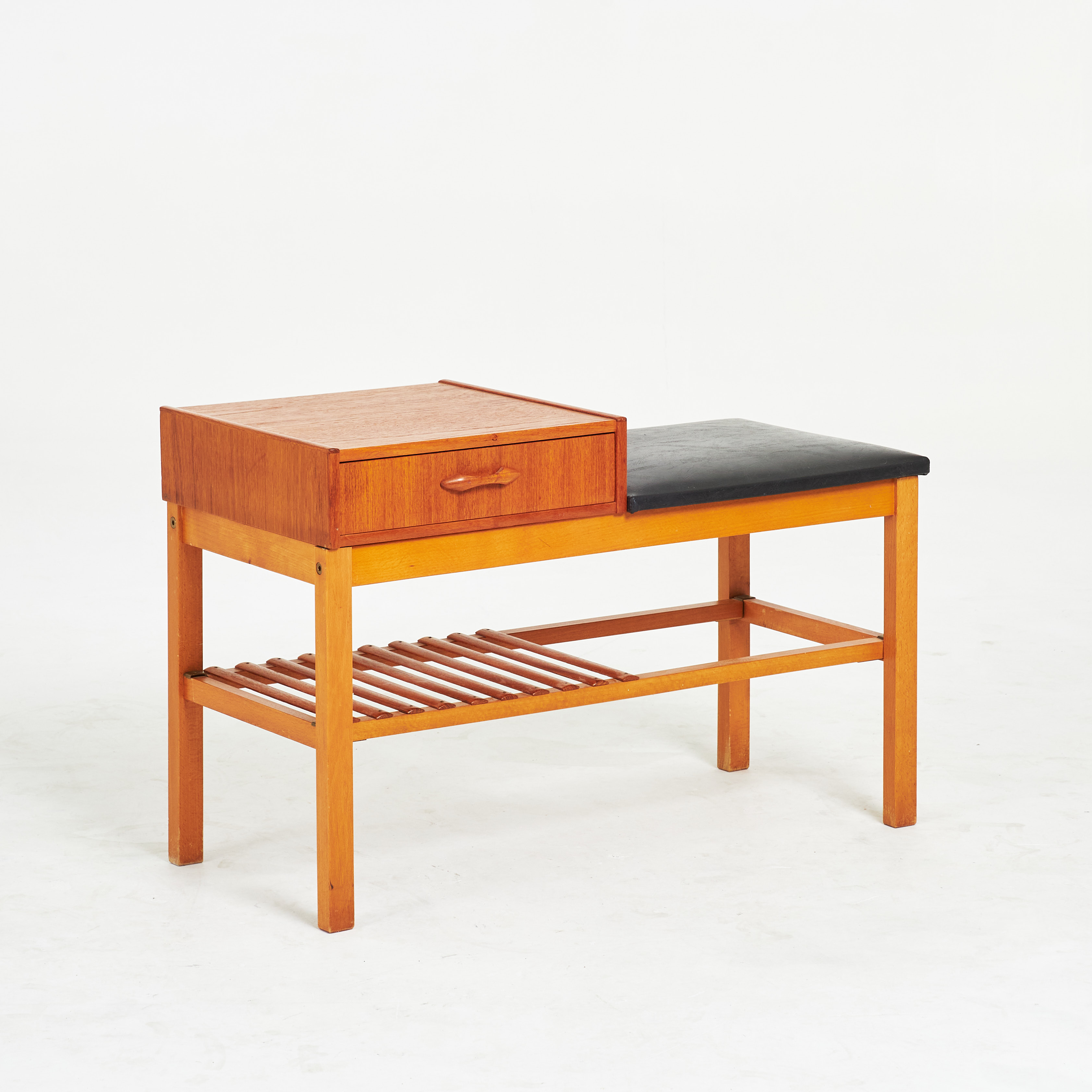 TELEFONBORD, 1950/60-tal, teak, sits i konstläder, en låda samt hylla.