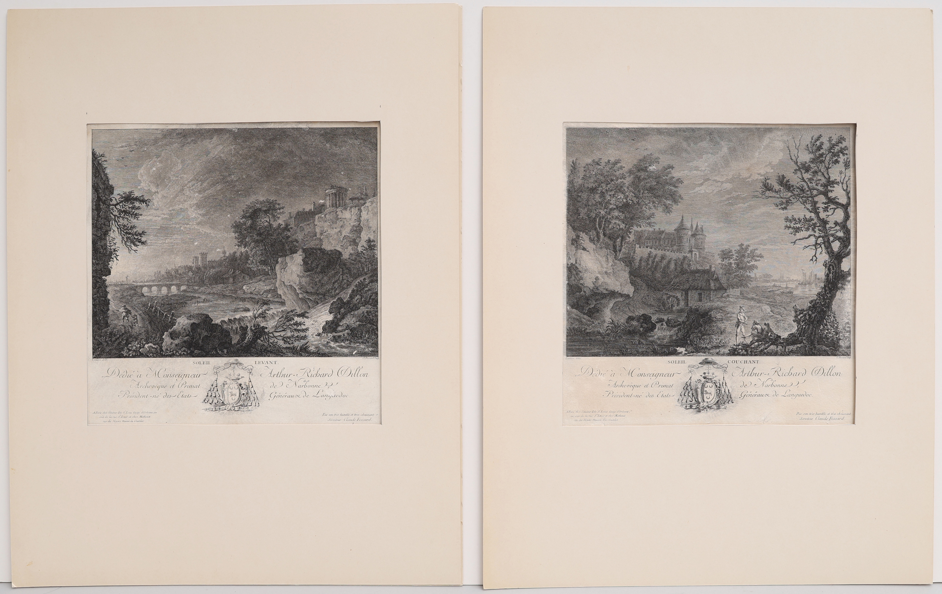 SIMON MATHURIN LANTARA 1729-1778. EFTER. TVÅ ETSNINGAR, "LE SOLEIL LEVANT" OCH "LE SOLEIL COUCHANT", UTFÖRDA AV CLAUDE FESSARD (1740-1803) UTG. AV MATHENET O. 1770.