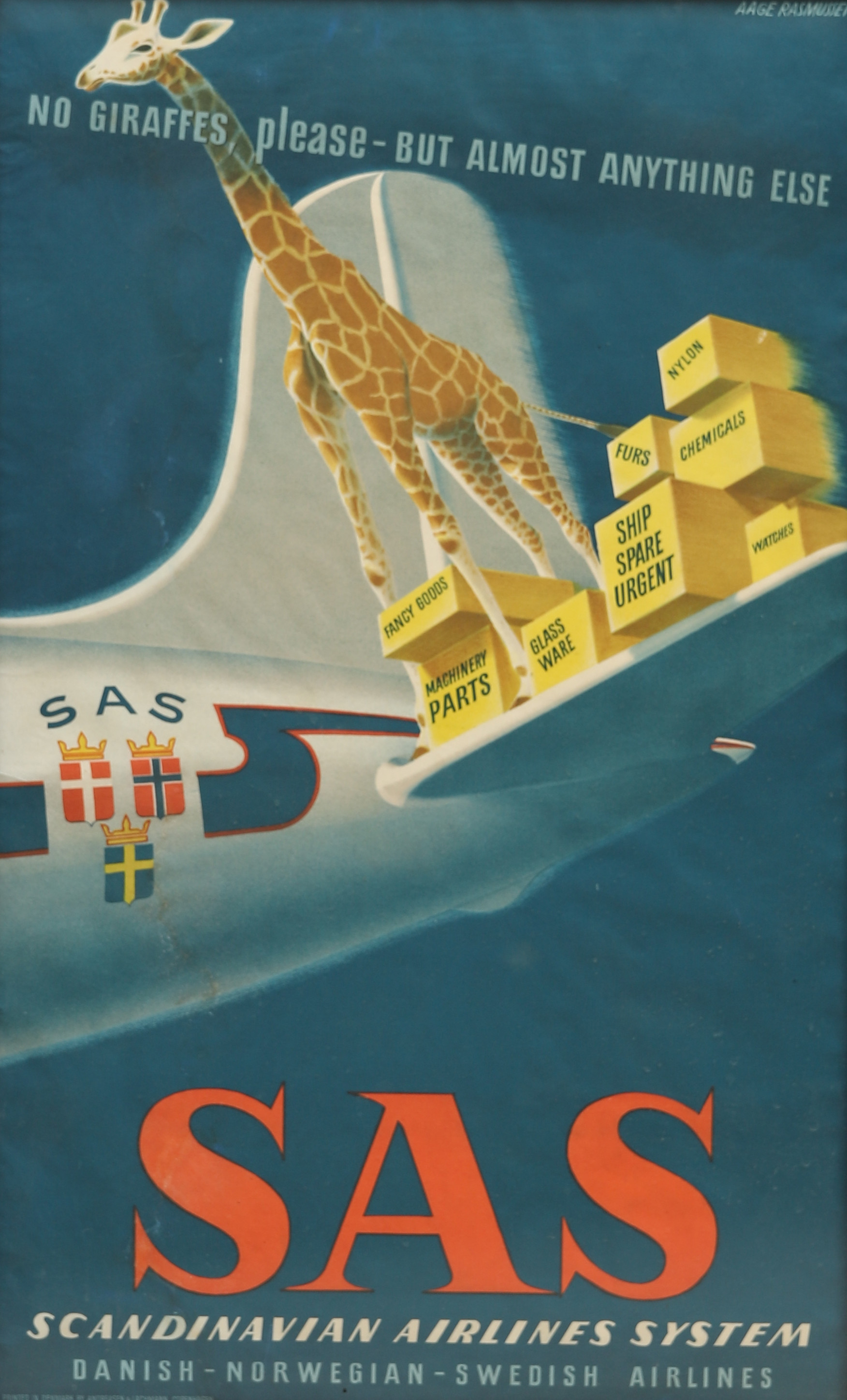 SAS - AAGE RASMUSSEN. Affisch, "No giraffes please - but almost anything else".