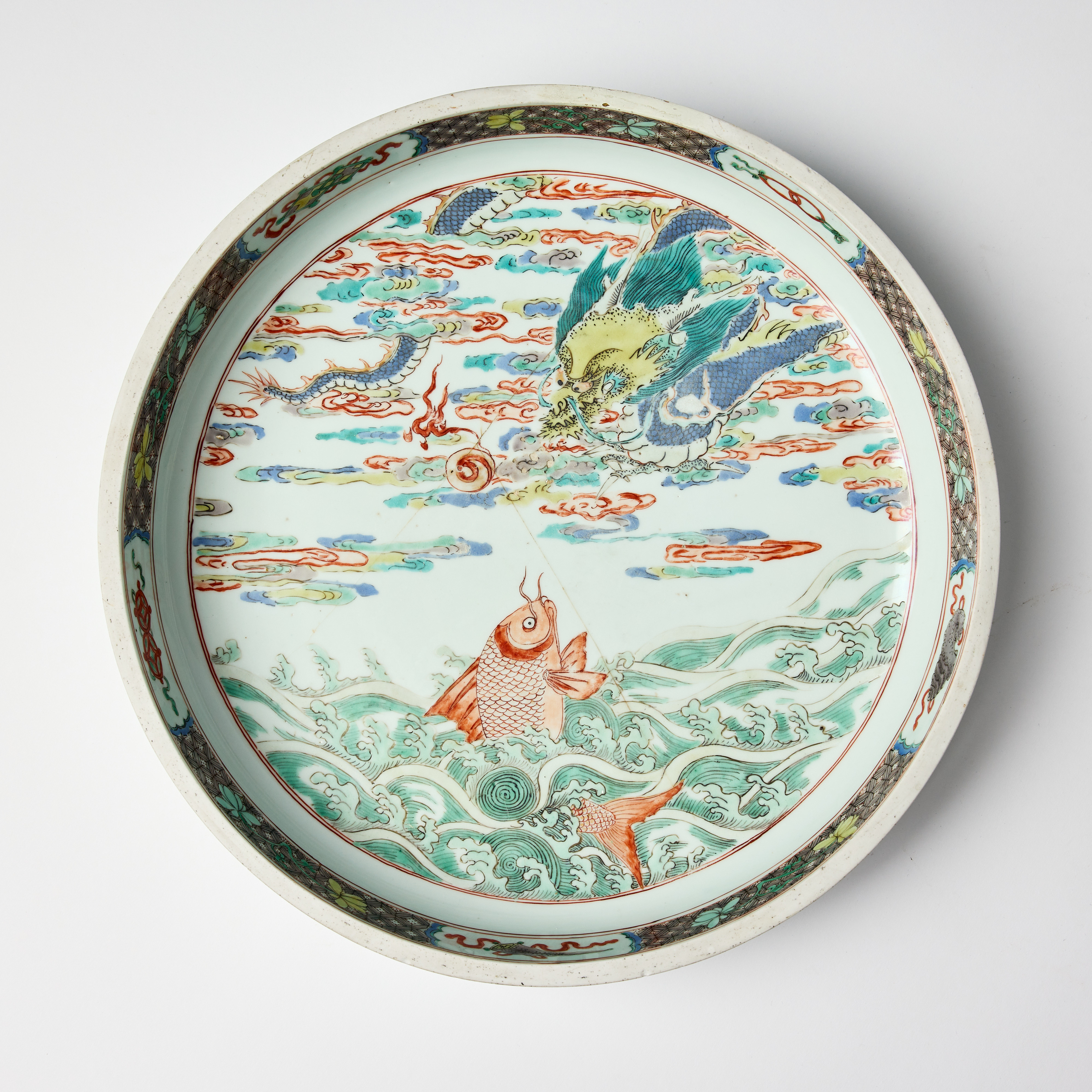 A Chinese Famille Verte 'Dragon and Carp' Basin.
