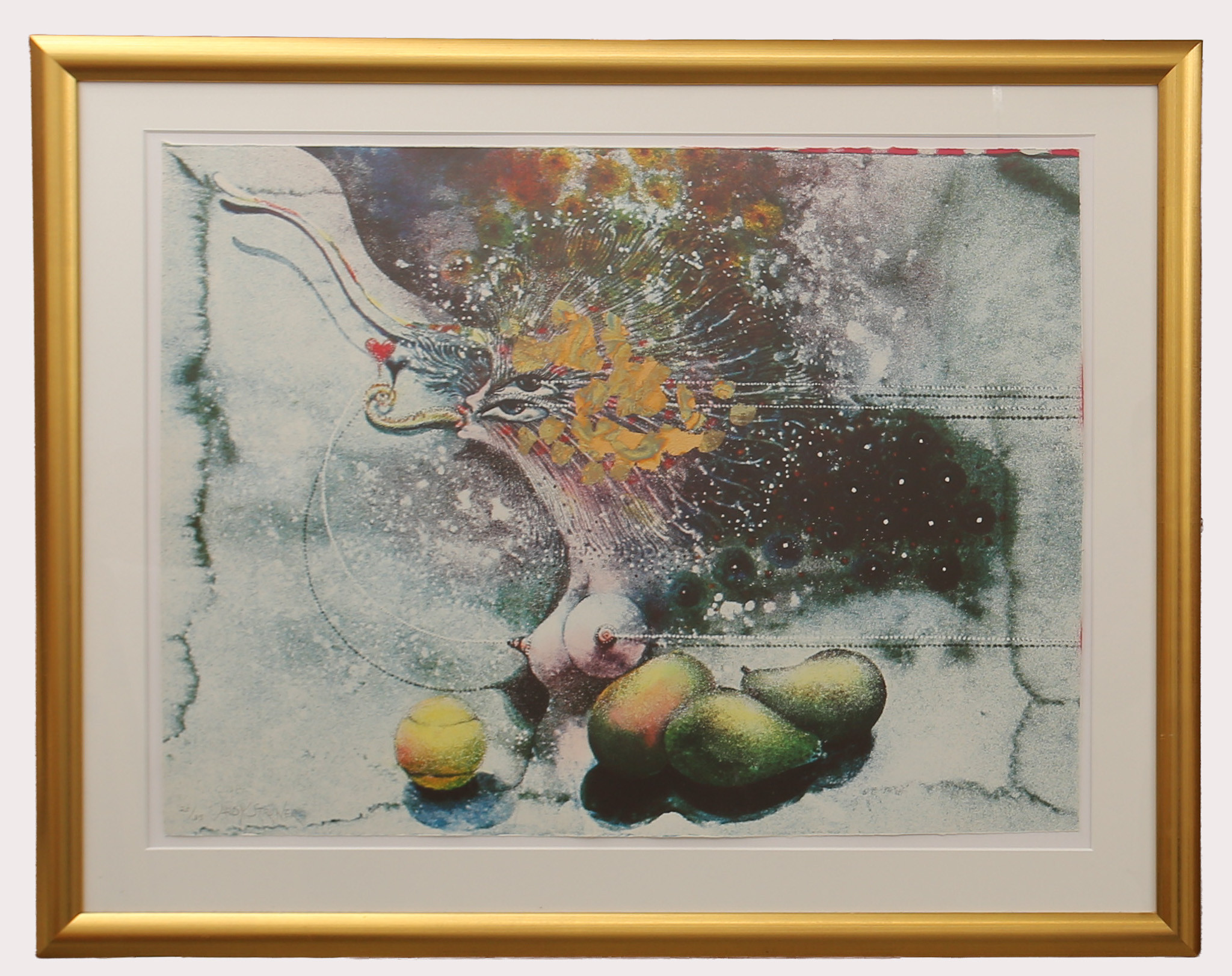 ARDY STRÜWER. (1939-), färglitografi, guldprägling, fågelgestalt - tennisboll - frukter, numrerad 20/35. Signerad Ardy Struver.