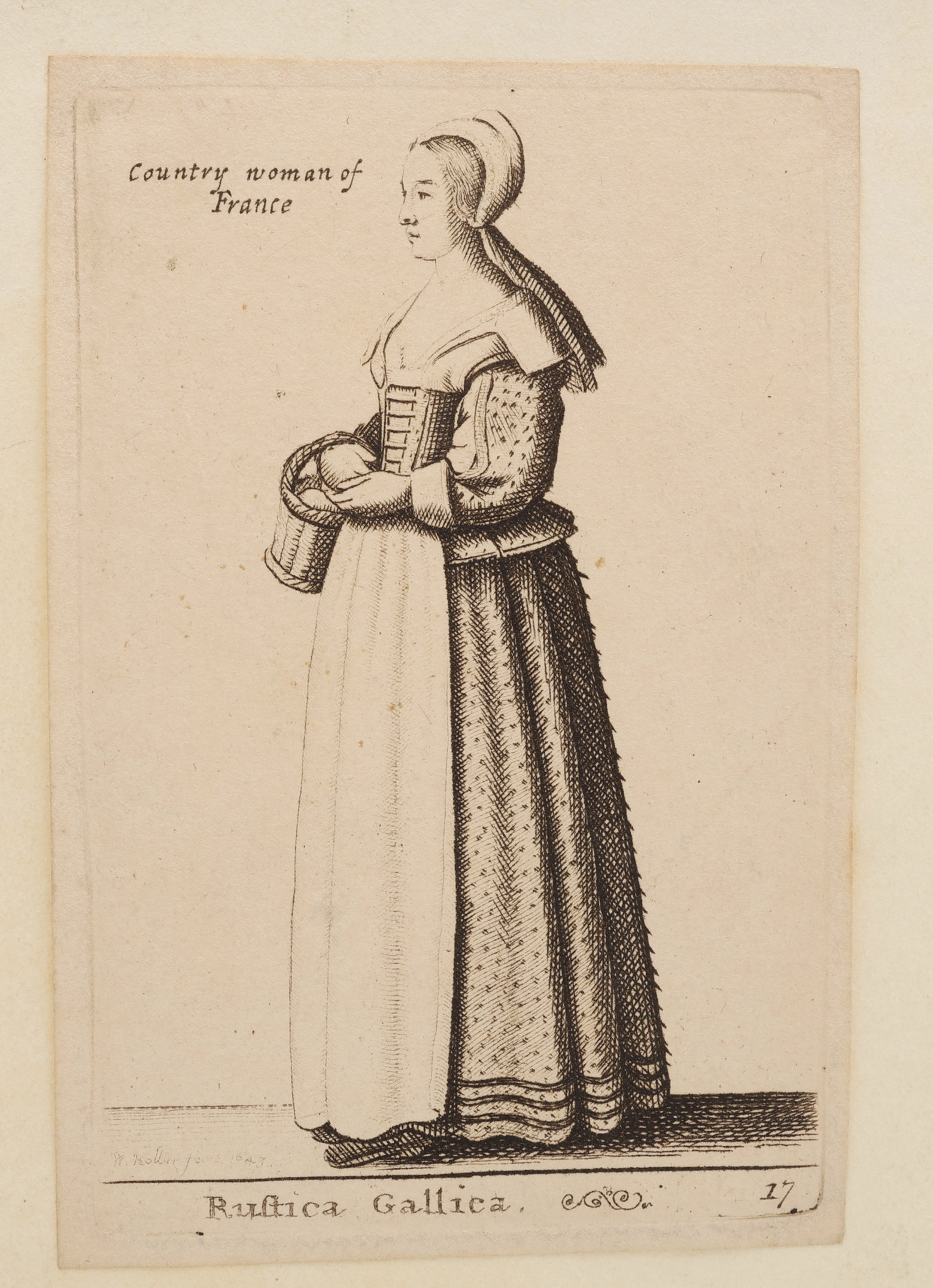 WENCESLAUS HOLLAR 1607-1677. ETSNING OCH KOPPARSTICK, "RUSTICA GALLIA / ''COUNTRY WOMAN OF FRANCE" NR 17 UR "THEATRUM MULIERUM", SIGNERAD OCH DATERAD 1643 I PLÅTEN.